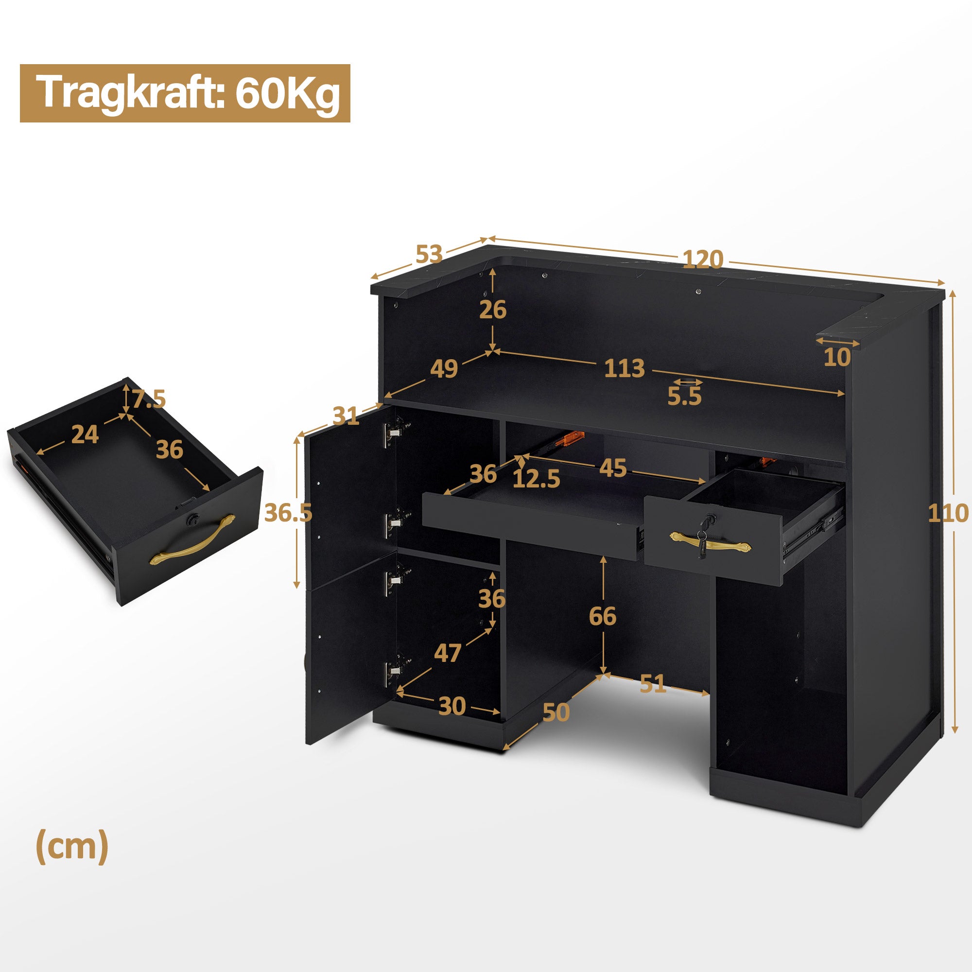 BarberPub Empfangstheke mit 2 Schubladen & 3 Schränken, Empfangstisch Abschließbar, Empfangstresen Holz, Rezeptionstisch Rezeptionstheke Kassentheke für Friseursalon, 53x120x110cm, R9773(Schwarz-Gold)