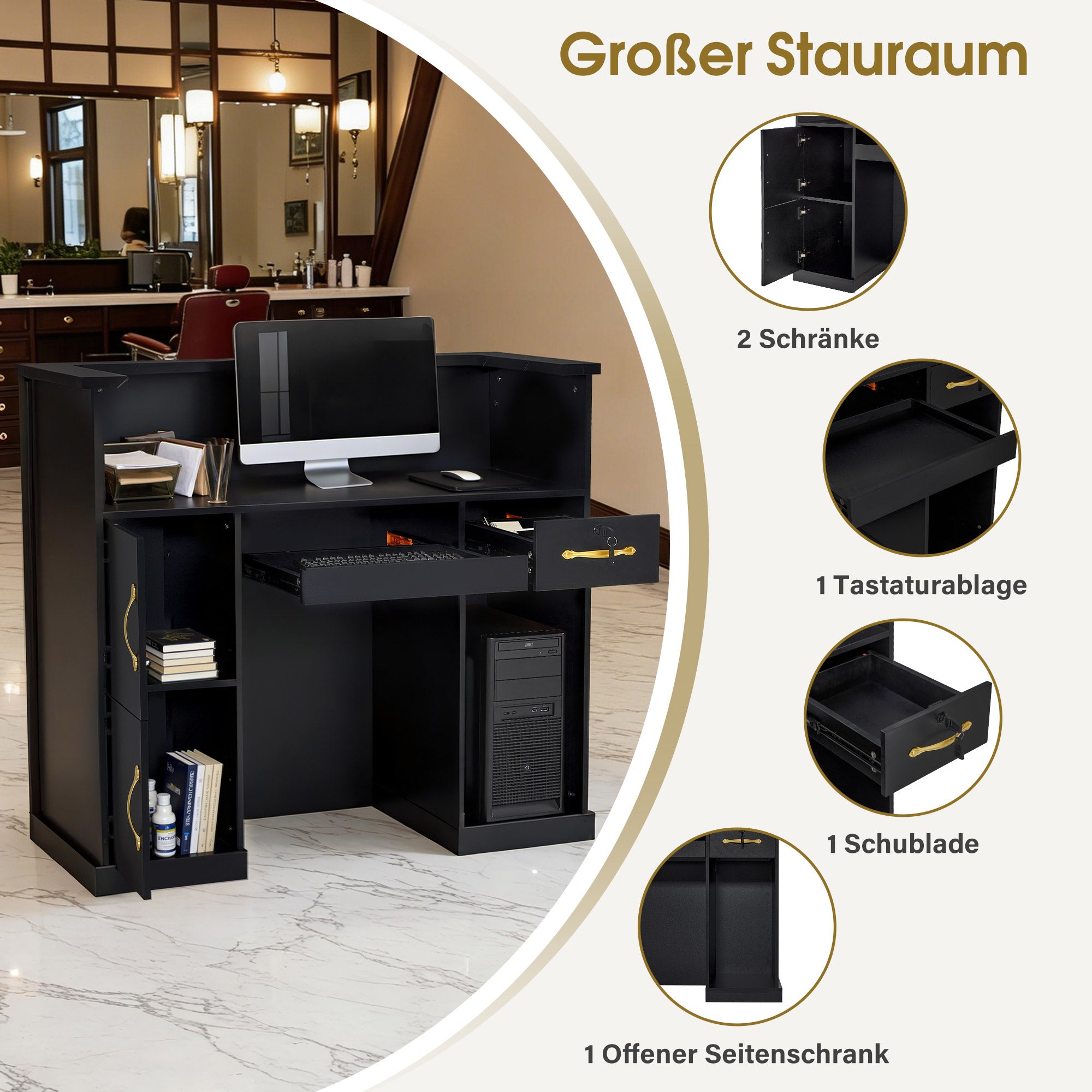 BarberPub Empfangstheke mit 2 Schubladen & 3 Schränken, Empfangstisch Abschließbar, Empfangstresen Holz, Rezeptionstisch Rezeptionstheke Kassentheke für Friseursalon, 53x120x110cm, R9773(Schwarz-Gold)
