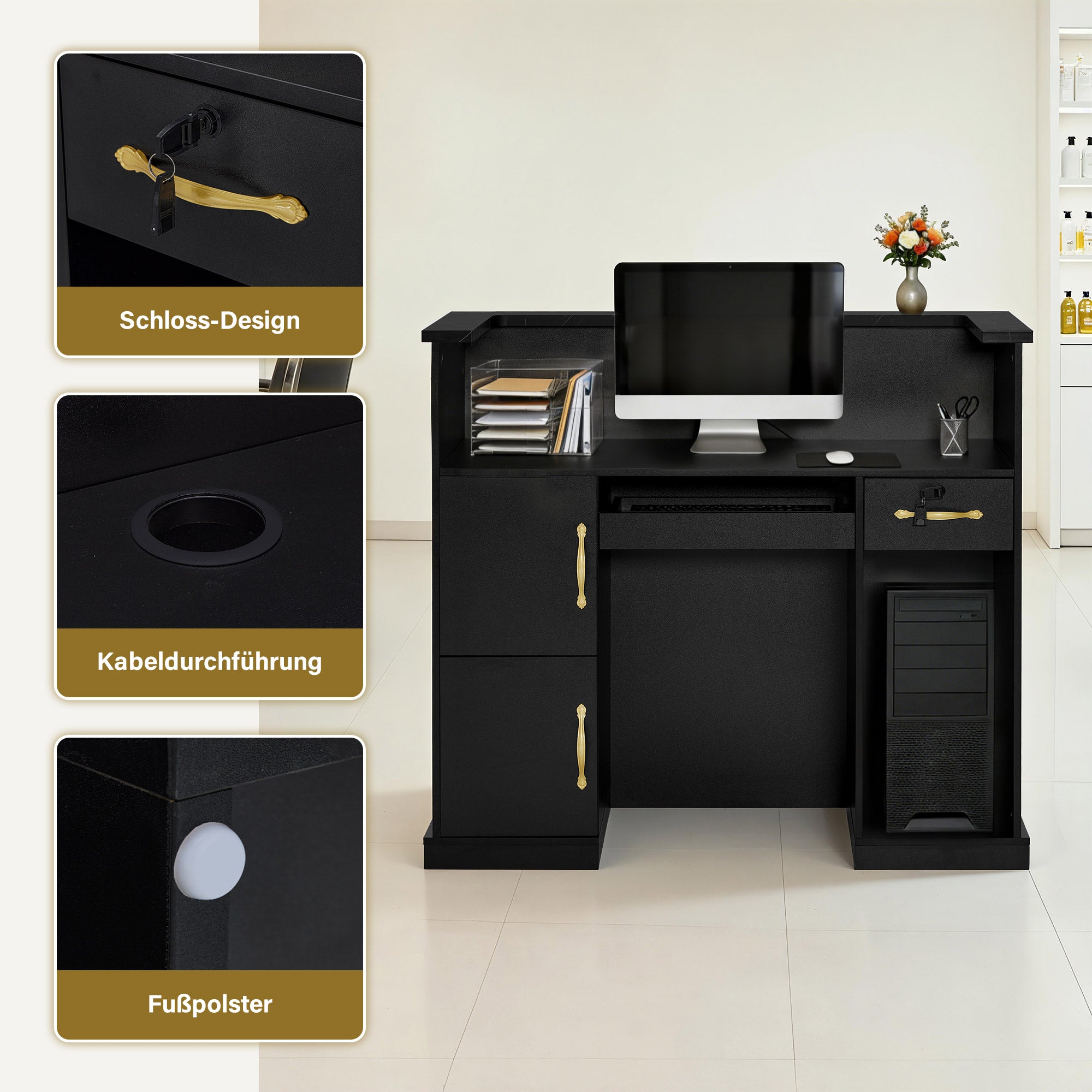 BarberPub Reception Desk with 2 Drawers & 3 Cabinets, Lockable Reception Table, Wooden Reception Counter, Reception Desk Cashier Desk for Hair Salon, 53x120x110cm, R9773 (Black-Gold)
