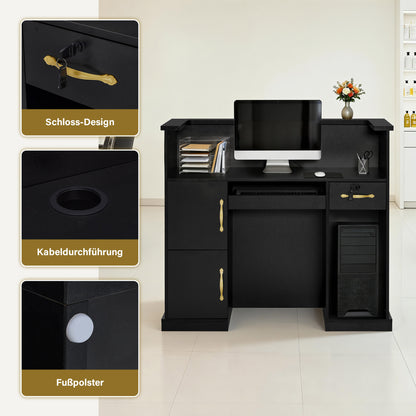 BarberPub Reception Desk with 2 Drawers & 3 Cabinets, Lockable Reception Table, Wooden Reception Counter, Reception Desk Cashier Desk for Hair Salon, 53x120x110cm, R9773 (Black-Gold)