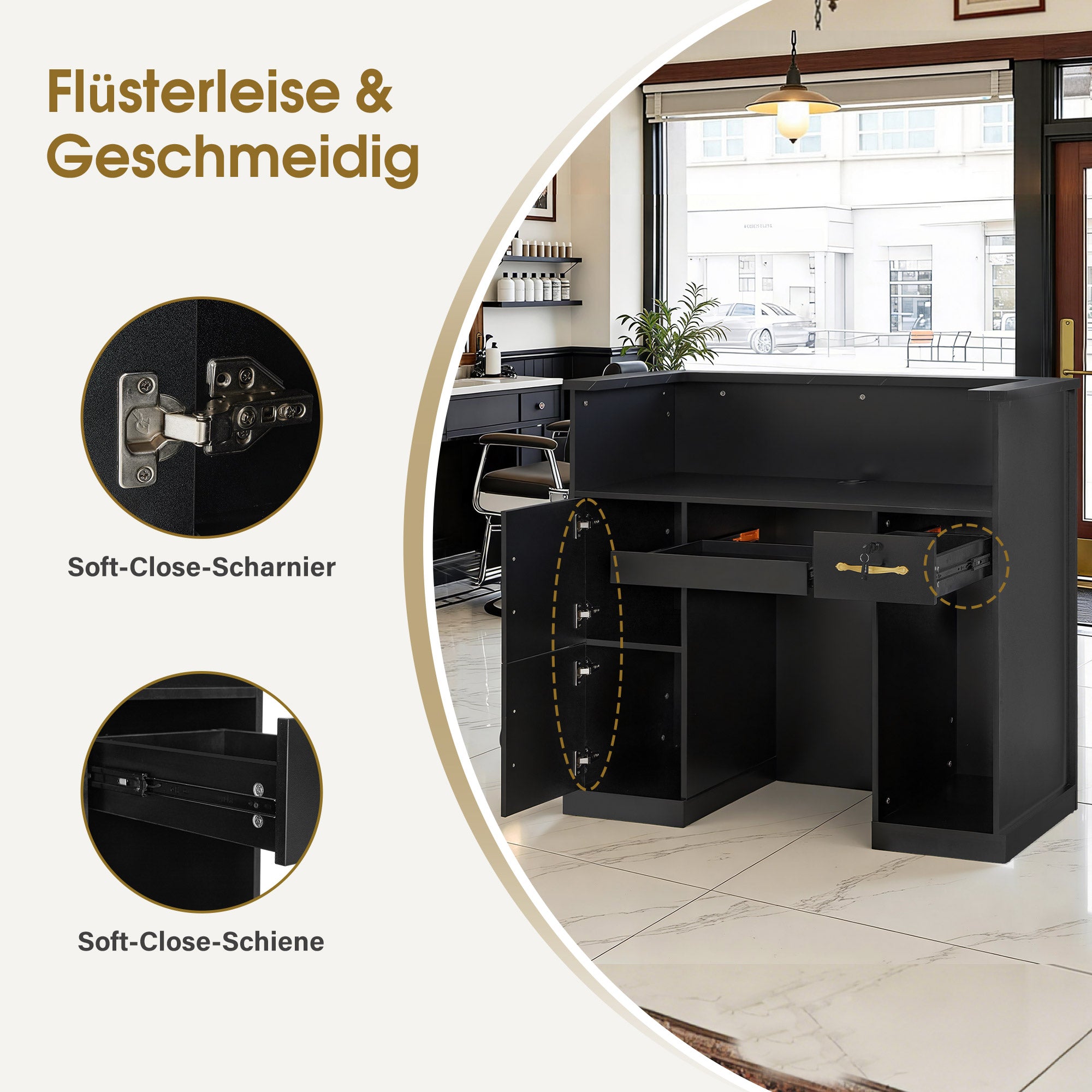 BarberPub Reception Desk with 2 Drawers & 3 Cabinets, Lockable Reception Table, Wooden Reception Counter, Reception Desk Cashier Desk for Hair Salon, 53x120x110cm, R9773 (Black-Gold)