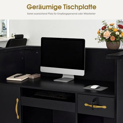 BarberPub Reception Desk with 2 Drawers & 3 Cabinets, Lockable Reception Table, Wooden Reception Counter, Reception Desk Cashier Desk for Hair Salon, 53x120x110cm, R9773 (Black-Gold)