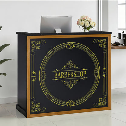 BarberPub Reception Desk with 2 Drawers & 3 Cabinets, Lockable Reception Table, Wooden Reception Counter, Reception Desk Cashier Desk for Hair Salon, 53x120x110cm, R9773 (Black-Gold)