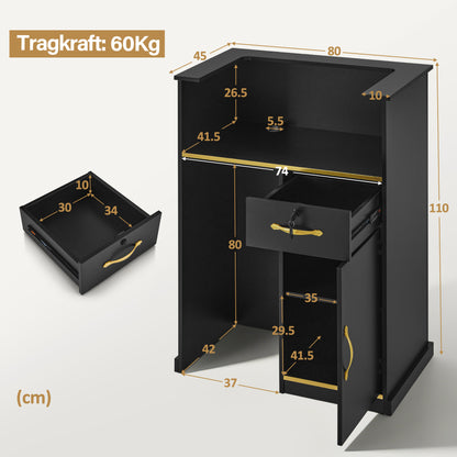 BarberPub Empfangstheke mit 1 Schublade & 1 Schrank, Empfangstisch Abschließbar, Empfangstresen Holz, Rezeptionstisch Rezeptionstheke Schmal, Kassentheke für Friseursalon, 45x80x110 cm, R9788(Schwarz)