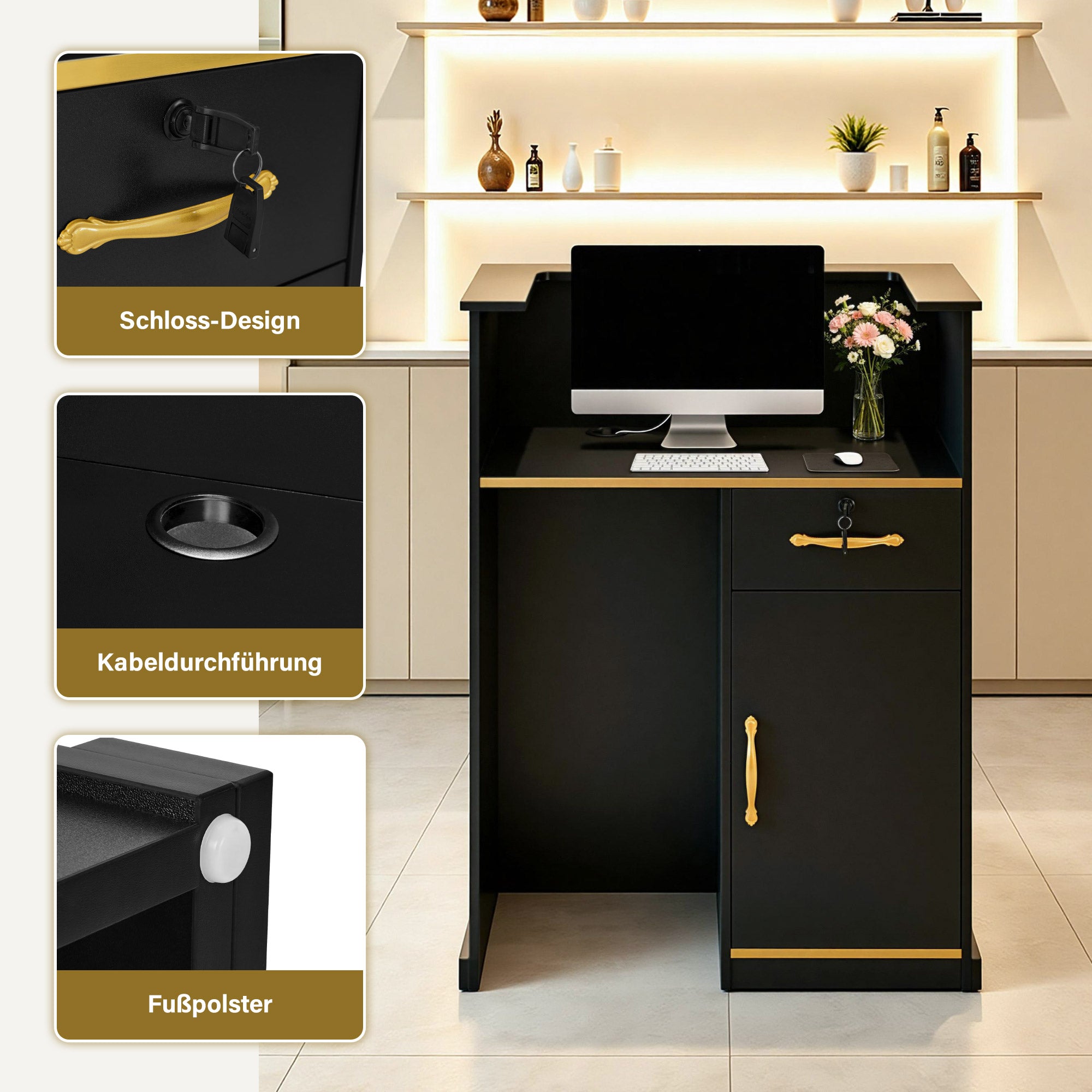 BarberPub Empfangstheke mit 1 Schublade & 1 Schrank, Empfangstisch Abschließbar, Empfangstresen Holz, Rezeptionstisch Rezeptionstheke Schmal, Kassentheke für Friseursalon, 45x80x110 cm, R9788(Schwarz)