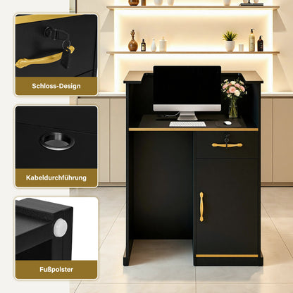 BarberPub Empfangstheke mit 1 Schublade & 1 Schrank, Empfangstisch Abschließbar, Empfangstresen Holz, Rezeptionstisch Rezeptionstheke Schmal, Kassentheke für Friseursalon, 45x80x110 cm, R9788(Schwarz)