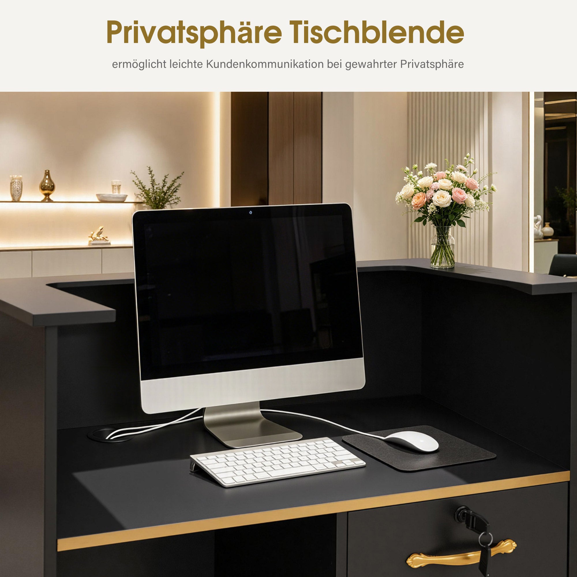 BarberPub Empfangstheke mit 1 Schublade & 1 Schrank, Empfangstisch Abschließbar, Empfangstresen Holz, Rezeptionstisch Rezeptionstheke Schmal, Kassentheke für Friseursalon, 45x80x110 cm, R9788(Schwarz)