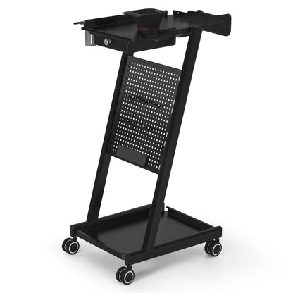 BarberPub Chariot de Coiffure avec Tiroir & 2 Étagères, Chariot de Travail de Coiffure avec Bol de Coloration, Support de Feuilles & 5 Crochets, Chariot de Salon de Beauté en Métal, Desserte à roulettes 47x39x94cm, 0085 (Noir)
