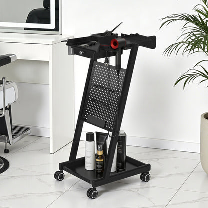 BarberPub Chariot de Coiffure avec Tiroir & 2 Étagères, Chariot de Travail de Coiffure avec Bol de Coloration, Support de Feuilles & 5 Crochets, Chariot de Salon de Beauté en Métal, Desserte à roulettes 47x39x94cm, 0085 (Noir)