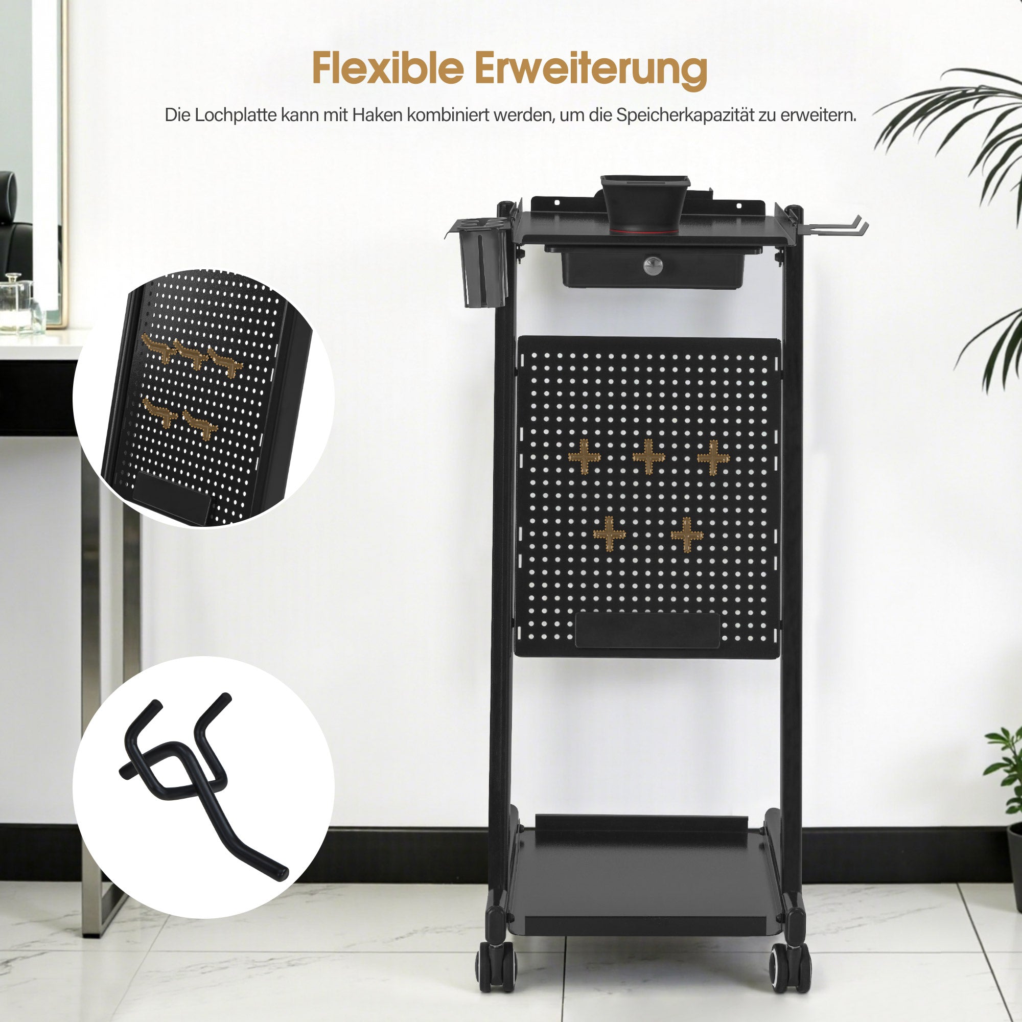 BarberPub Chariot de Coiffure avec Tiroir & 2 Étagères, Chariot de Travail de Coiffure avec Bol de Coloration, Support de Feuilles & 5 Crochets, Chariot de Salon de Beauté en Métal, Desserte à roulettes 47x39x94cm, 0085 (Noir)