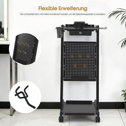 BarberPub Chariot de Coiffure avec Tiroir & 2 Étagères, Chariot de Travail de Coiffure avec Bol de Coloration, Support de Feuilles & 5 Crochets, Chariot de Salon de Beauté en Métal, Desserte à roulettes 47x39x94cm, 0085 (Noir)