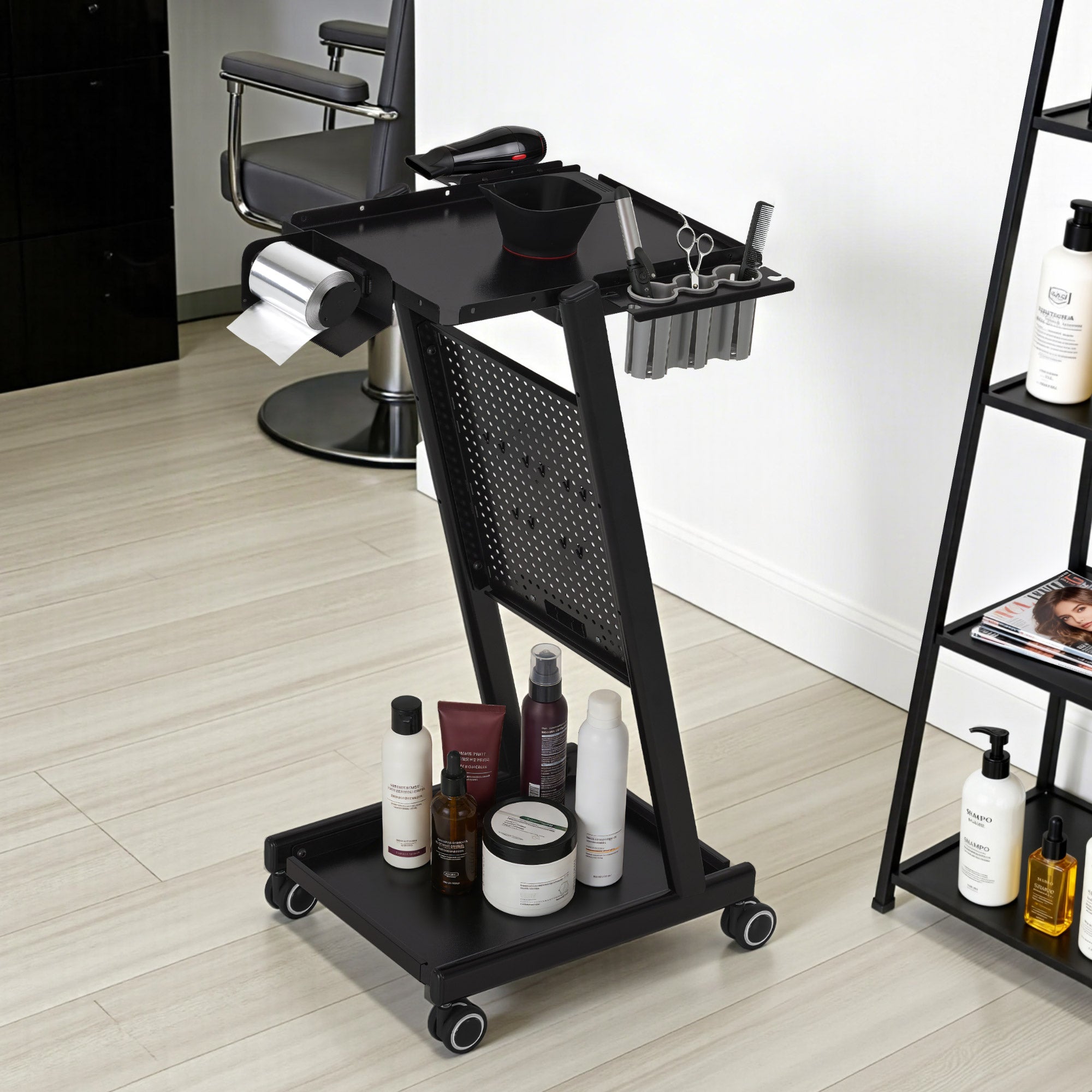 BarberPub Chariot de Coiffure avec Tiroir & 2 Étagères, Chariot de Travail de Coiffure avec Bol de Coloration, Support de Feuilles & 5 Crochets, Chariot de Salon de Beauté en Métal, Desserte à roulettes 47x39x94cm, 0085 (Noir)