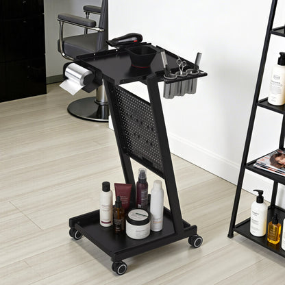 BarberPub Chariot de Coiffure avec Tiroir & 2 Étagères, Chariot de Travail de Coiffure avec Bol de Coloration, Support de Feuilles & 5 Crochets, Chariot de Salon de Beauté en Métal, Desserte à roulettes 47x39x94cm, 0085 (Noir)