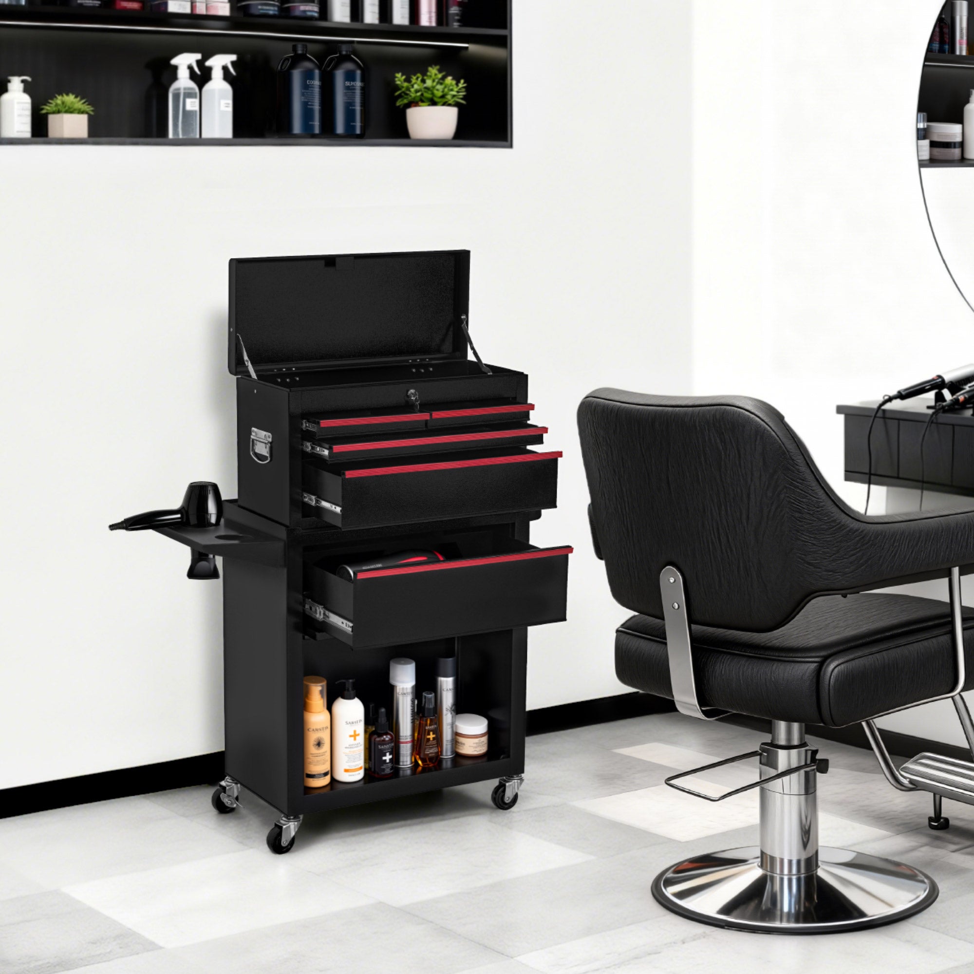 BarberPub 2 in 1 Friseurwagen mit 5 Schubladen,  Schrank & 6 Haken, Bedienungswagen mit Rollen, Friseur Arbeitswagen Abschließbar, Beauty Salon Trolley Metall, Rollwagen Stapelboy, 33x70x108cm, 0097