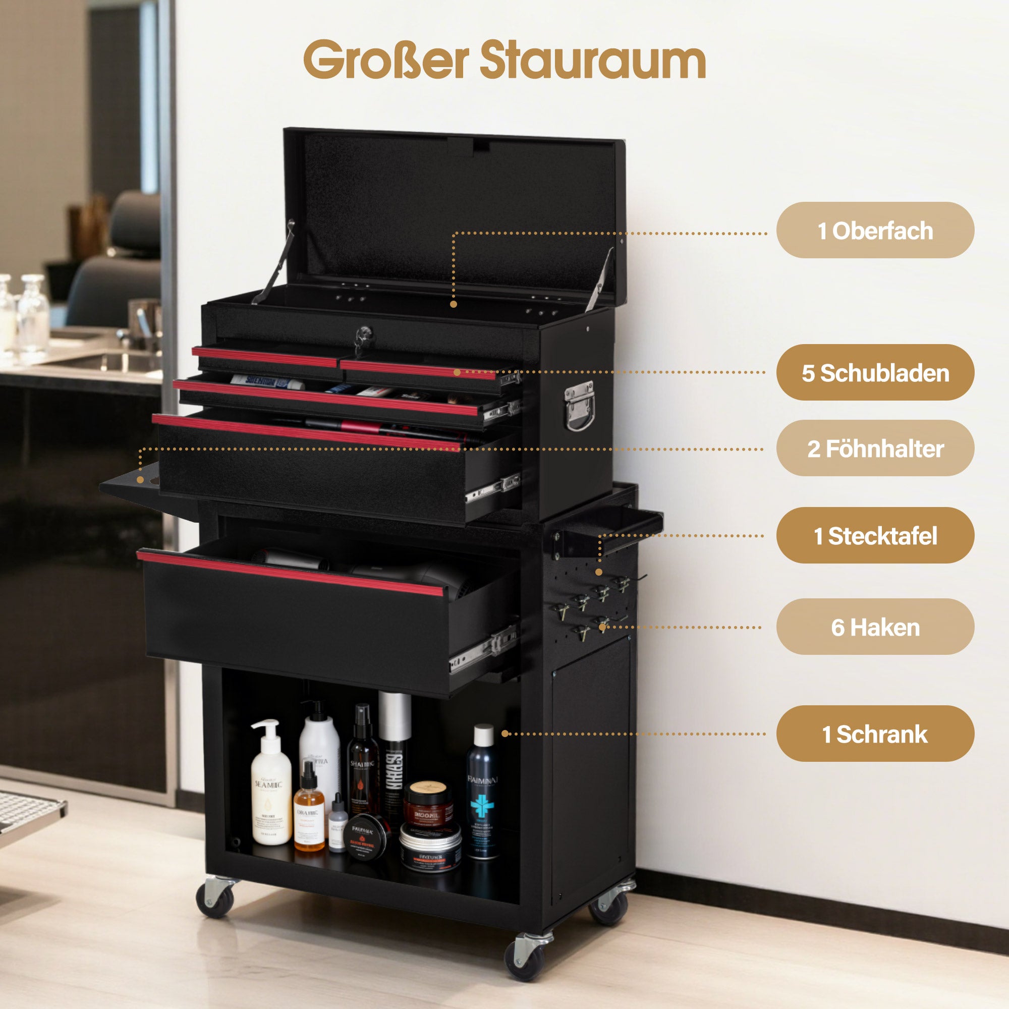 BarberPub 2 in 1 Friseurwagen mit 5 Schubladen,  Schrank & 6 Haken, Bedienungswagen mit Rollen, Friseur Arbeitswagen Abschließbar, Beauty Salon Trolley Metall, Rollwagen Stapelboy, 33x70x108cm, 0097