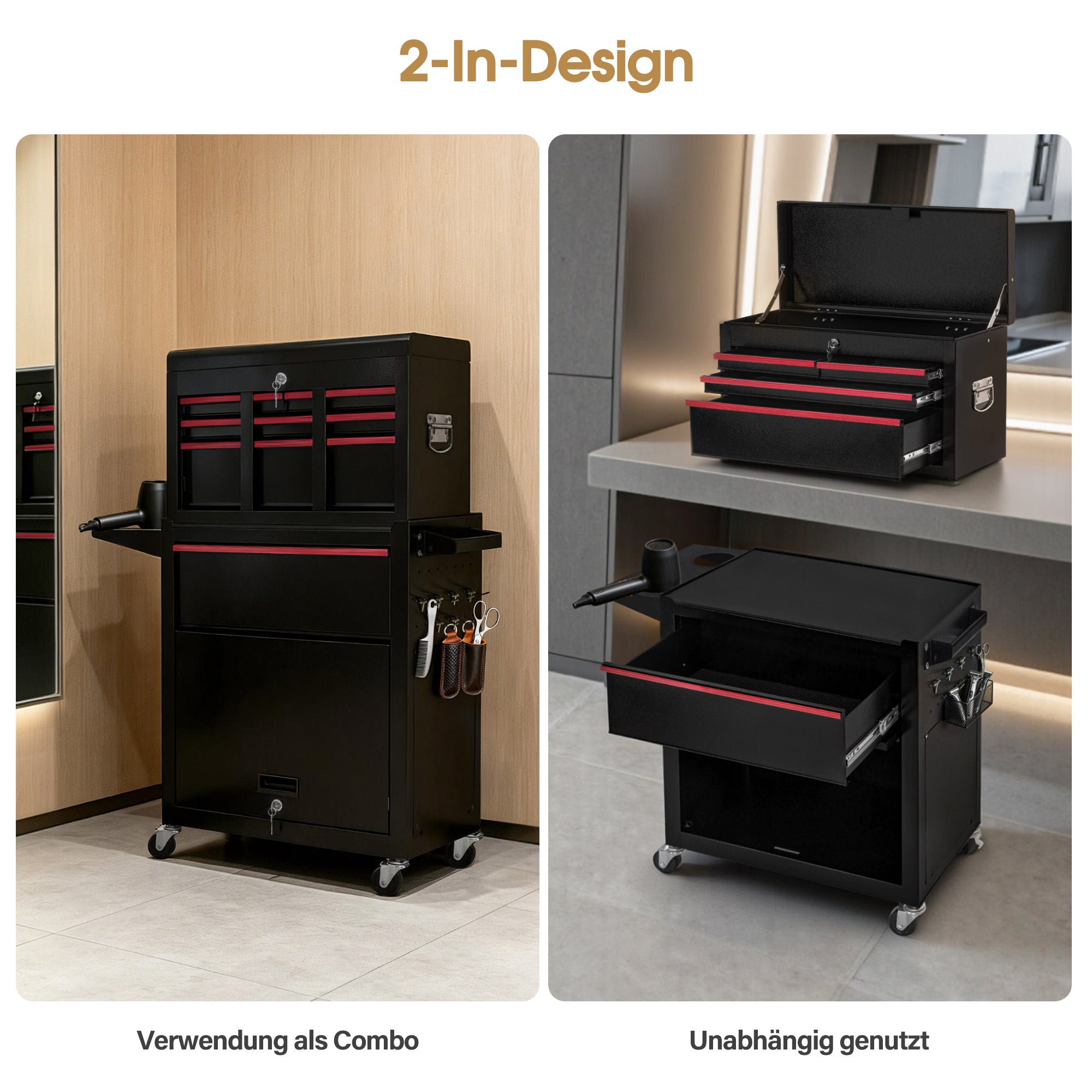 BarberPub 2 in 1 Friseurwagen mit 5 Schubladen,  Schrank & 6 Haken, Bedienungswagen mit Rollen, Friseur Arbeitswagen Abschließbar, Beauty Salon Trolley Metall, Rollwagen Stapelboy, 33x70x108cm, 0097