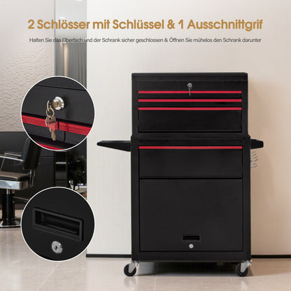 BarberPub 2 in 1 Friseurwagen mit 5 Schubladen,  Schrank & 6 Haken, Bedienungswagen mit Rollen, Friseur Arbeitswagen Abschließbar, Beauty Salon Trolley Metall, Rollwagen Stapelboy, 33x70x108cm, 0097
