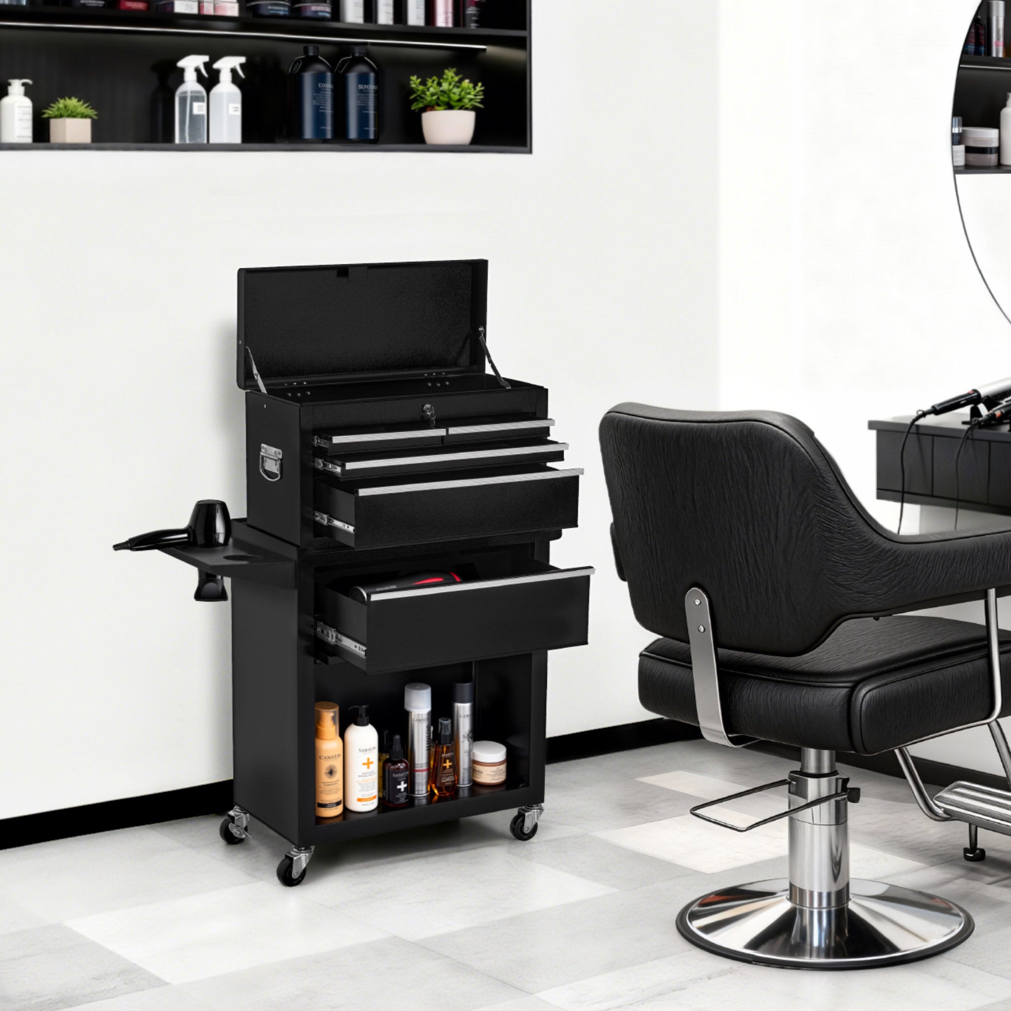 BarberPub 2 in 1 Friseurwagen mit 5 Schubladen,  Schrank & 6 Haken, Bedienungswagen mit Rollen, Friseur Arbeitswagen Abschließbar, Beauty Salon Trolley Metall, Rollwagen Stapelboy, 33x70x108cm, 0097