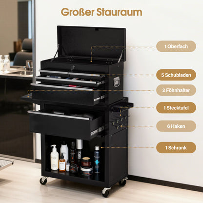 BarberPub 2 in 1 Friseurwagen mit 5 Schubladen,  Schrank & 6 Haken, Bedienungswagen mit Rollen, Friseur Arbeitswagen Abschließbar, Beauty Salon Trolley Metall, Rollwagen Stapelboy, 33x70x108cm, 0097
