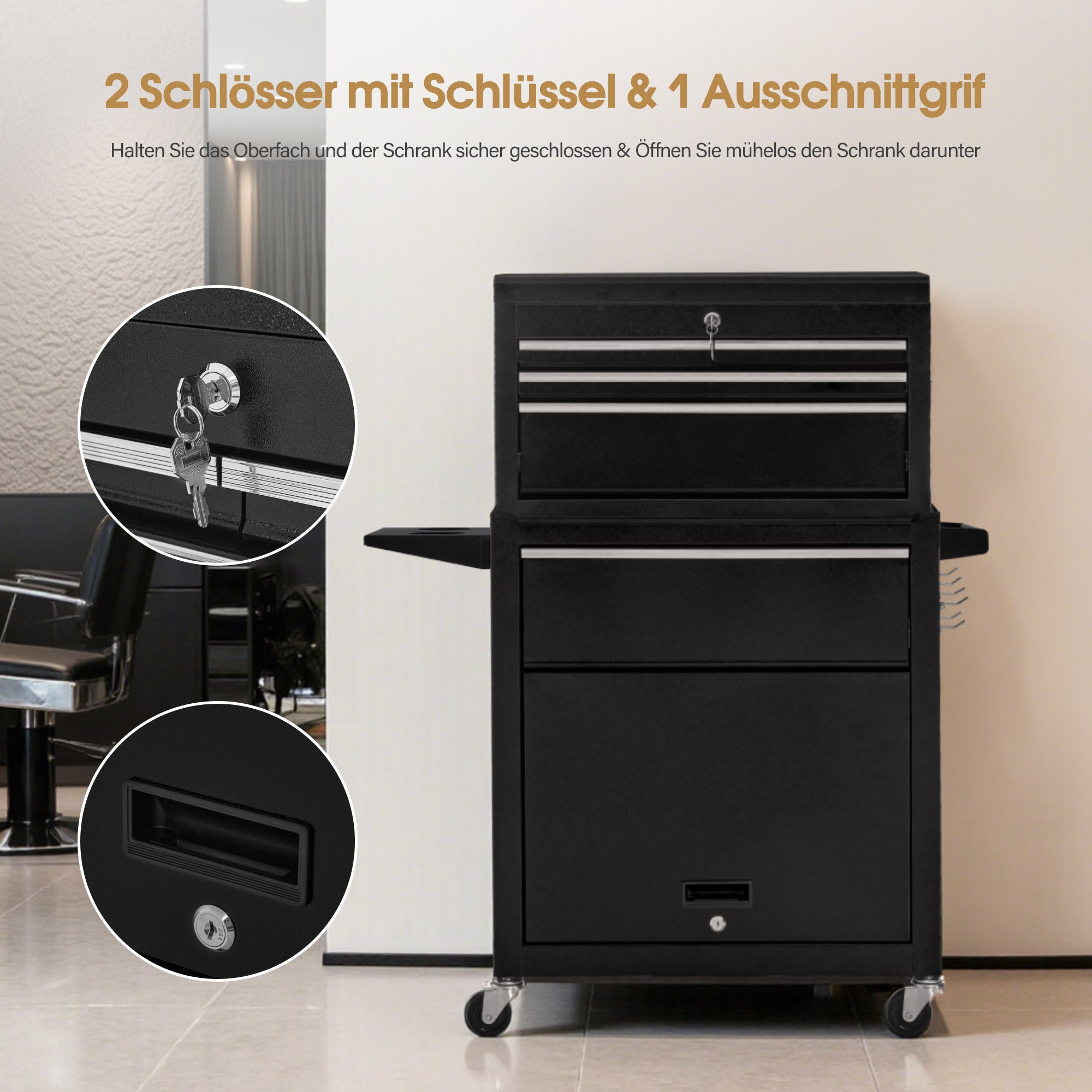 BarberPub 2 in 1 Friseurwagen mit 5 Schubladen,  Schrank & 6 Haken, Bedienungswagen mit Rollen, Friseur Arbeitswagen Abschließbar, Beauty Salon Trolley Metall, Rollwagen Stapelboy, 33x70x108cm, 0097