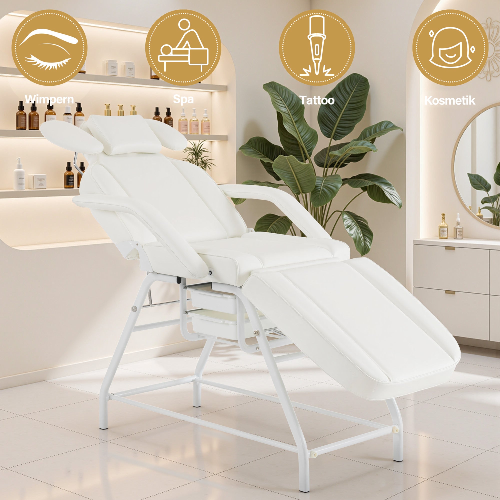 Barberpub Kosmetikliege Klappbar, Massageliege 80cm breit, behandlungsliege Wimpern, Tattoo Liege für SPA Salon, Verstellbare Handstütze für Kosmetiker 185x80x90 cm 0726 (Weiß/PU)