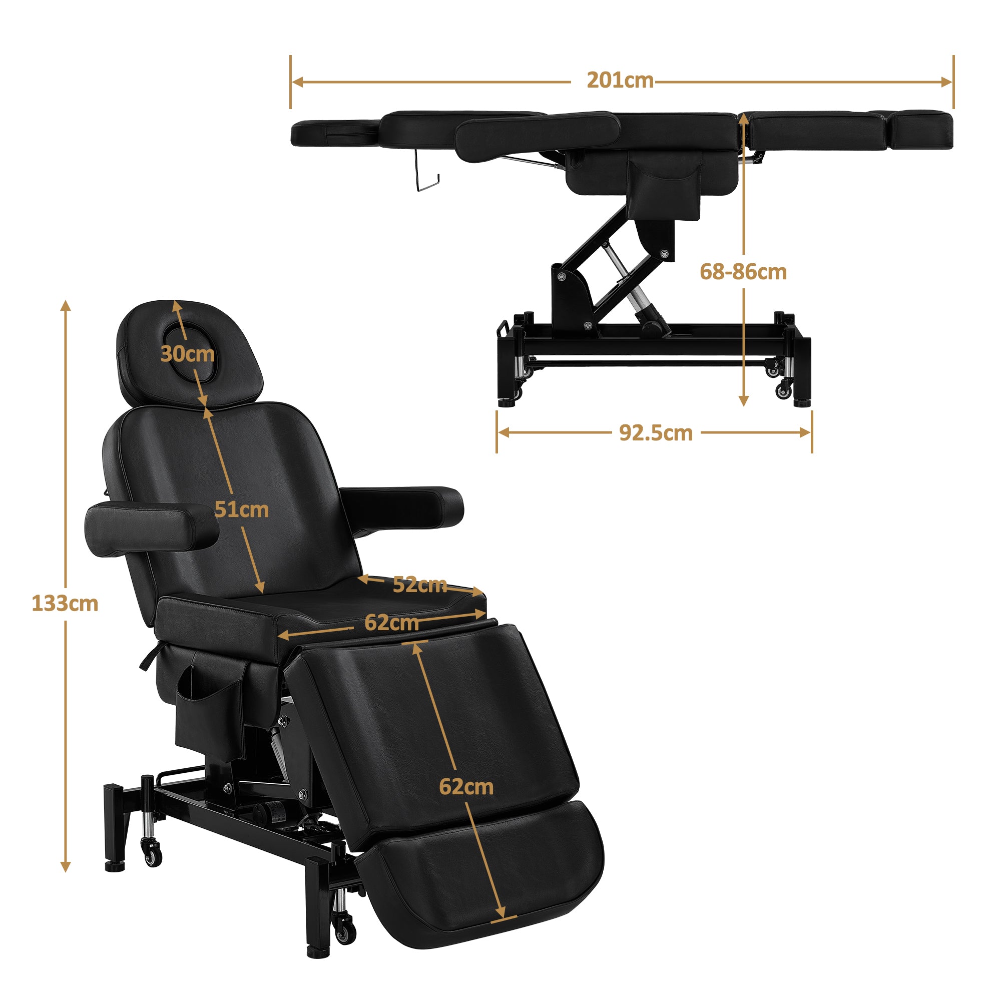 BarberPub Kosmetikliege Elektrisch mit 3 Motoren & Rollen, Massageliege Klappbar & 18CM Höhenverstellbar, 180°Drehbare Armlehnen, Tattoo Liege für SPA Salon 0754