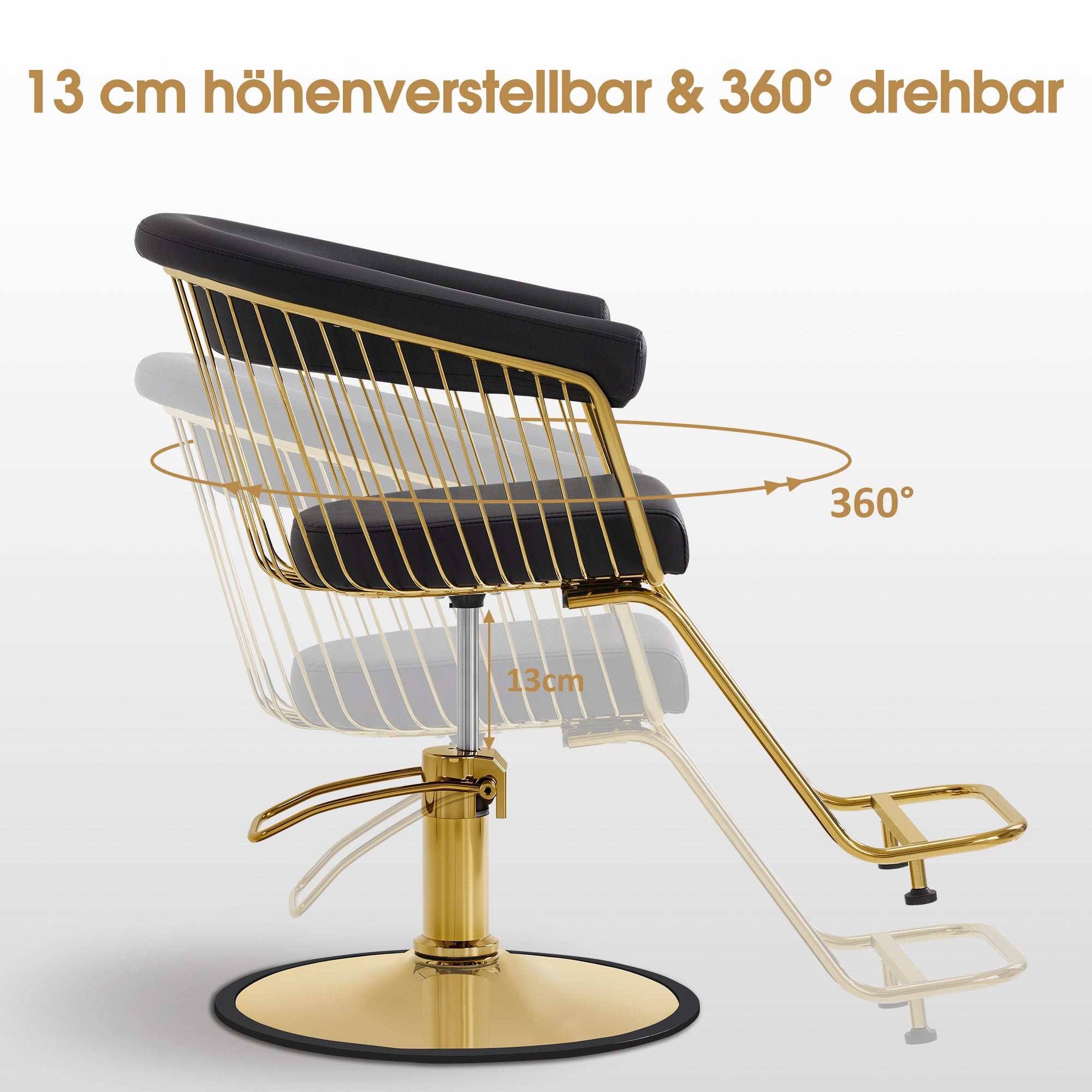 Fauteuil de barbier BarberPub, réglable en hauteur (13 cm) et pivotant à 360°, fauteuil de barbier hydraulique, équipement de barbier, fauteuil de barbier en similicuir, fauteuil de salon, or et noir, 2053