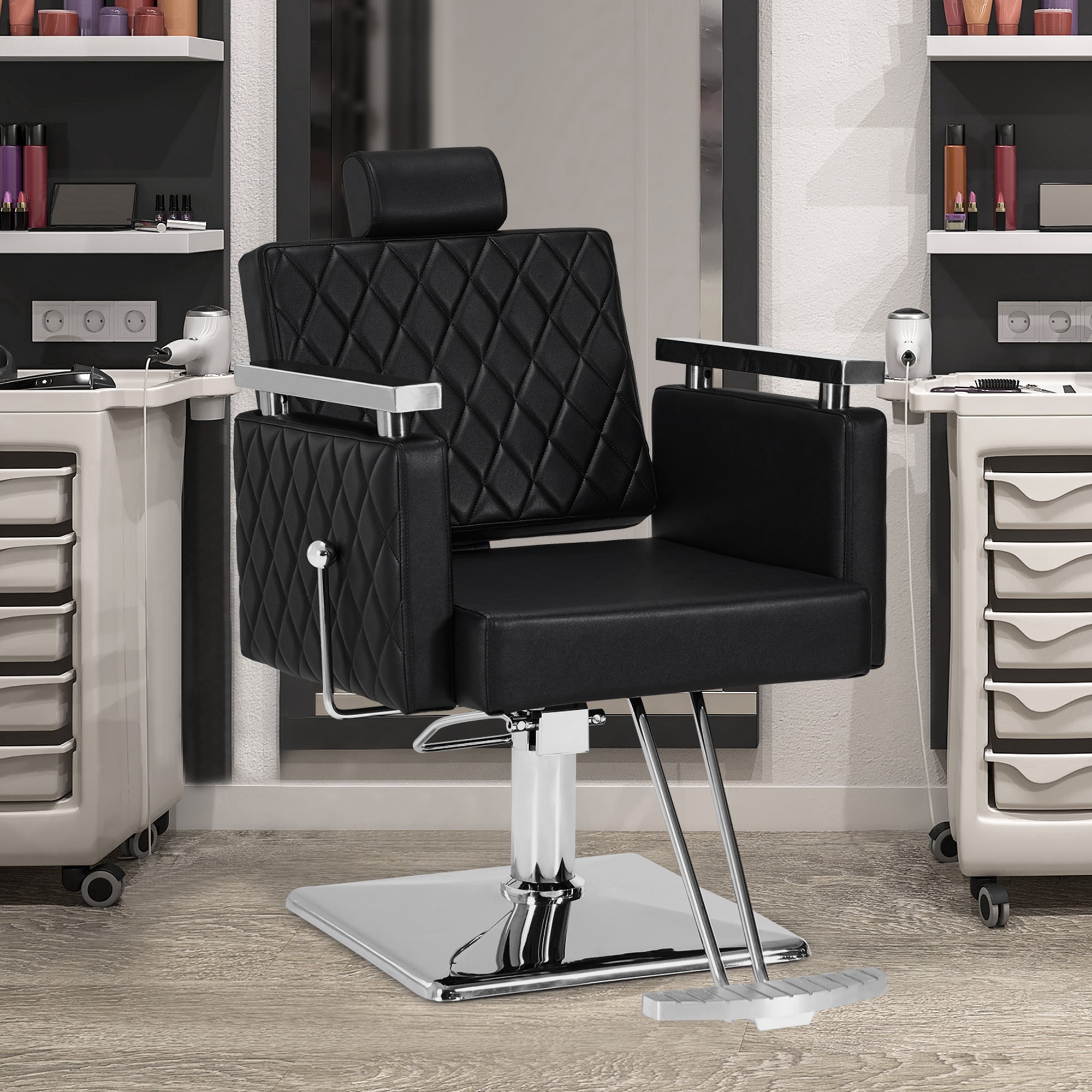 BarberPub Friseurstuhl mit Kopfstütze Kippbar, Friseurstühle mit Hydraulikpumpe 360° Drehbar, Friseureinrichtung Barber Stuhl Höhenverstellbar, Stylingstuhl PVC Kunstleder, 2073 (Schwarz)