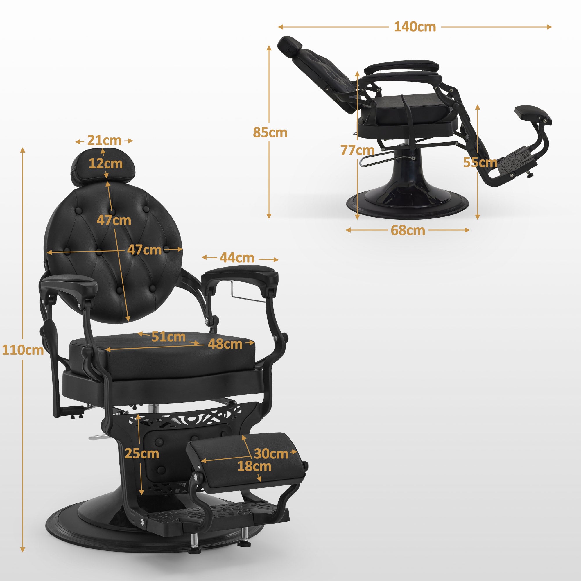 Fauteuil de barbier BarberPub avec appui-tête, inclinable, pivotant à 360°, réglable en hauteur, style vintage, similicuir, 2933BK-F (noir)