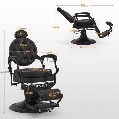 BarberPub Friseurstuhl mit Kopfstütze Kippbar, Friseureinrichtung mit Hydraulikpumpe 360° Drehbar, Höhenverstellbarer Bedienungsstuhl mit Vintage Stil, Barber Stuhl Kunstleder, 2933BK-F  (Schwarz)