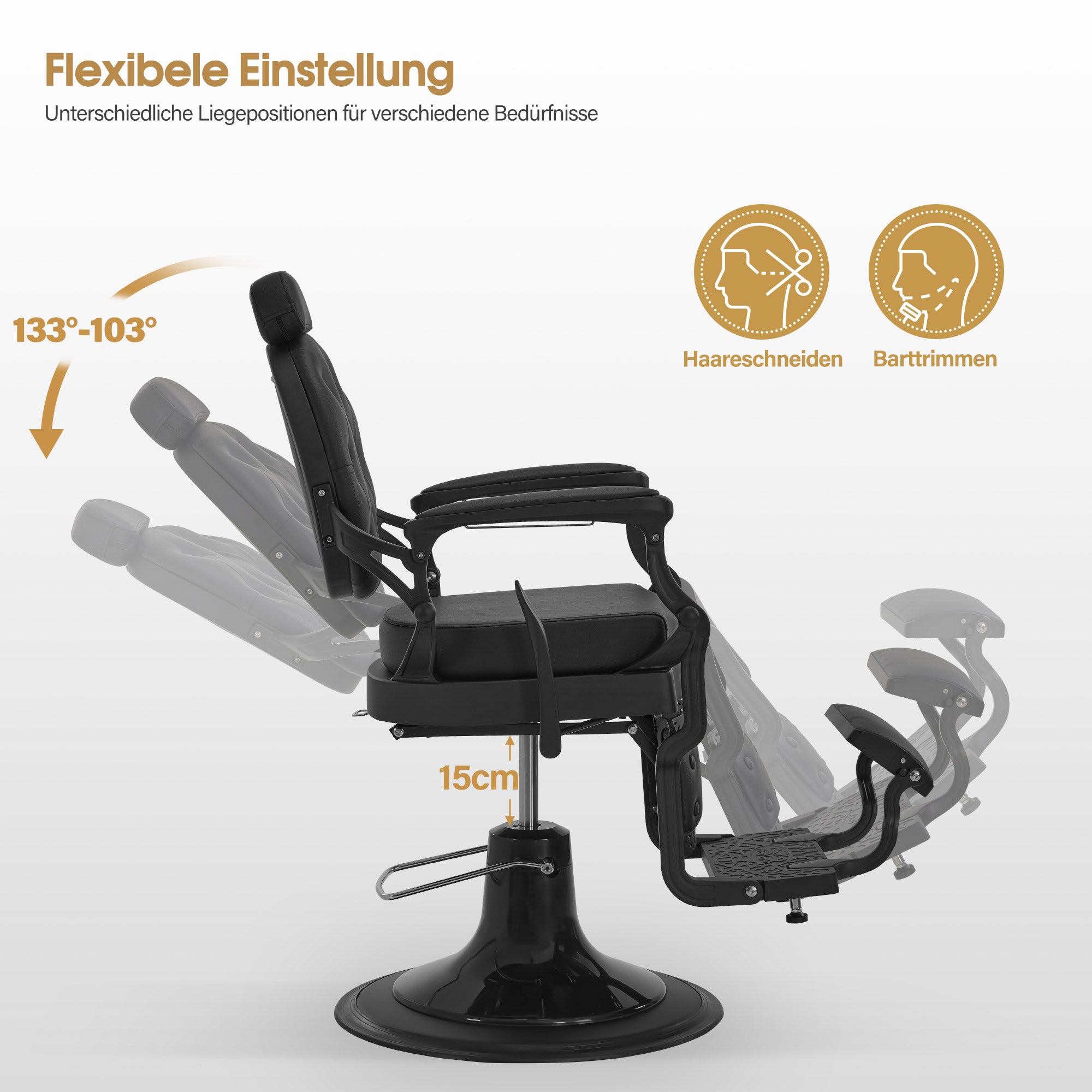 Fauteuil de barbier BarberPub avec appui-tête, inclinable, pivotant à 360°, réglable en hauteur, style vintage, similicuir, 2933BK-F (noir)