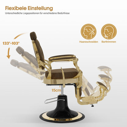 Fauteuil de barbier BarberPub avec appui-tête inclinable, équipement de coiffure avec pompe hydraulique rotative à 360°, chaise de coiffure réglable en hauteur de style vintage, chaise de barbier en cuir synthétique, 2933-F
