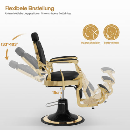 Fauteuil de barbier BarberPub avec appui-tête inclinable, équipement de coiffure avec pompe hydraulique rotative à 360°, chaise de coiffure réglable en hauteur de style vintage, chaise de barbier en cuir synthétique, 2933-F