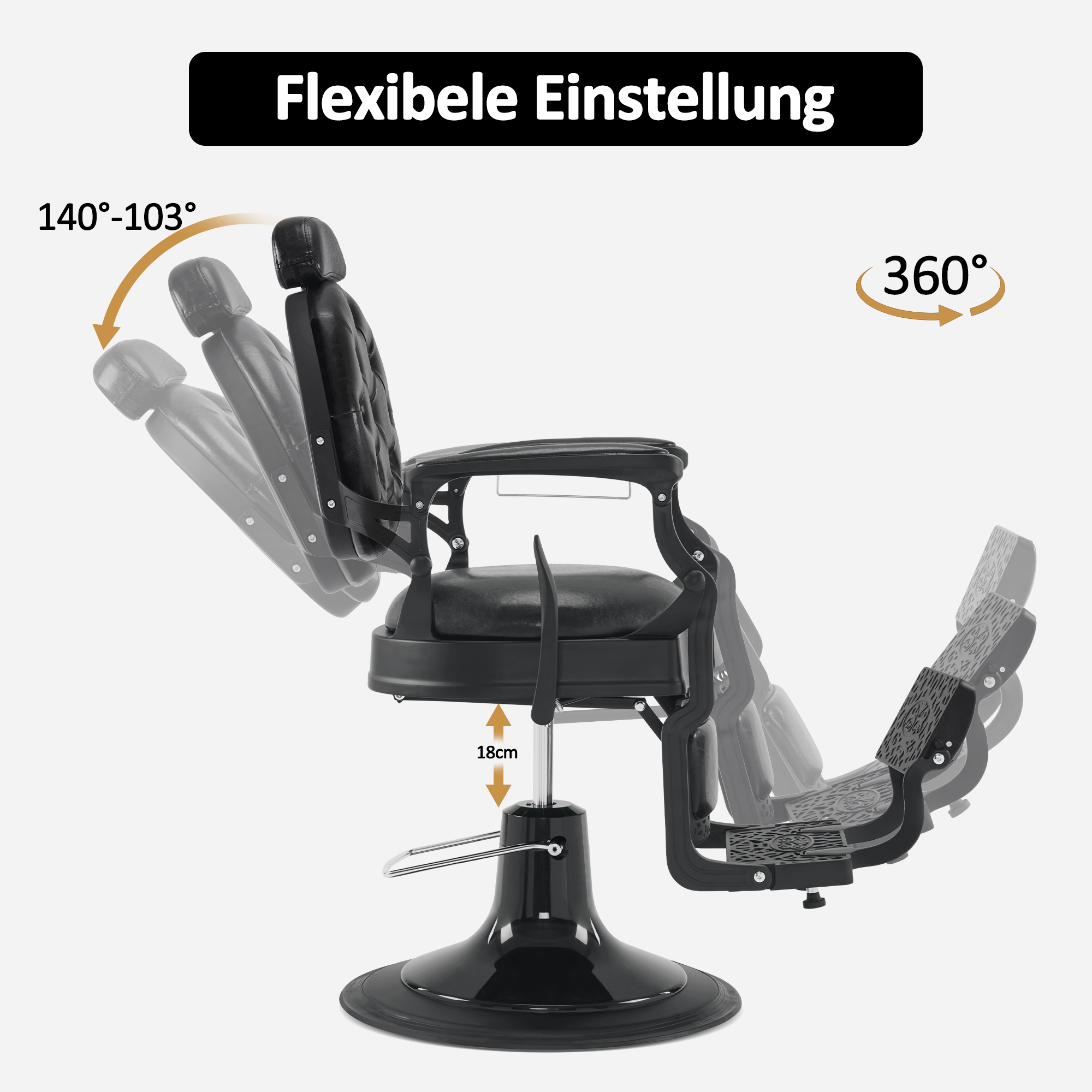 Barberpub Friseurstuhl mit Kopfstütze, Friseursessel Kippbar & Höhenverstellbar, 360°Drehbar, Barber Stuhl Retro Vintage, 2940(Schwarz)