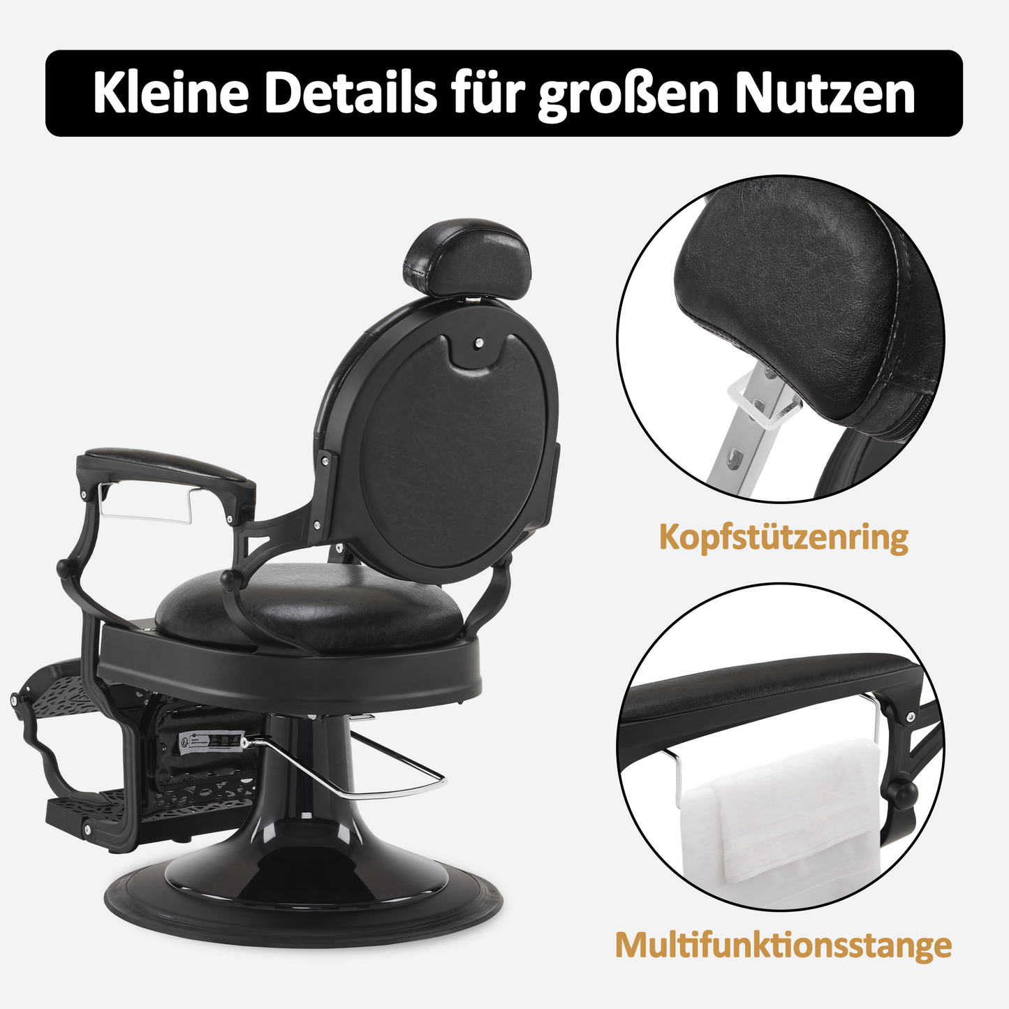 Barberpub Friseurstuhl mit Kopfstütze, Friseursessel Kippbar & Höhenverstellbar, 360°Drehbar, Barber Stuhl Retro Vintage, 2940(Schwarz)
