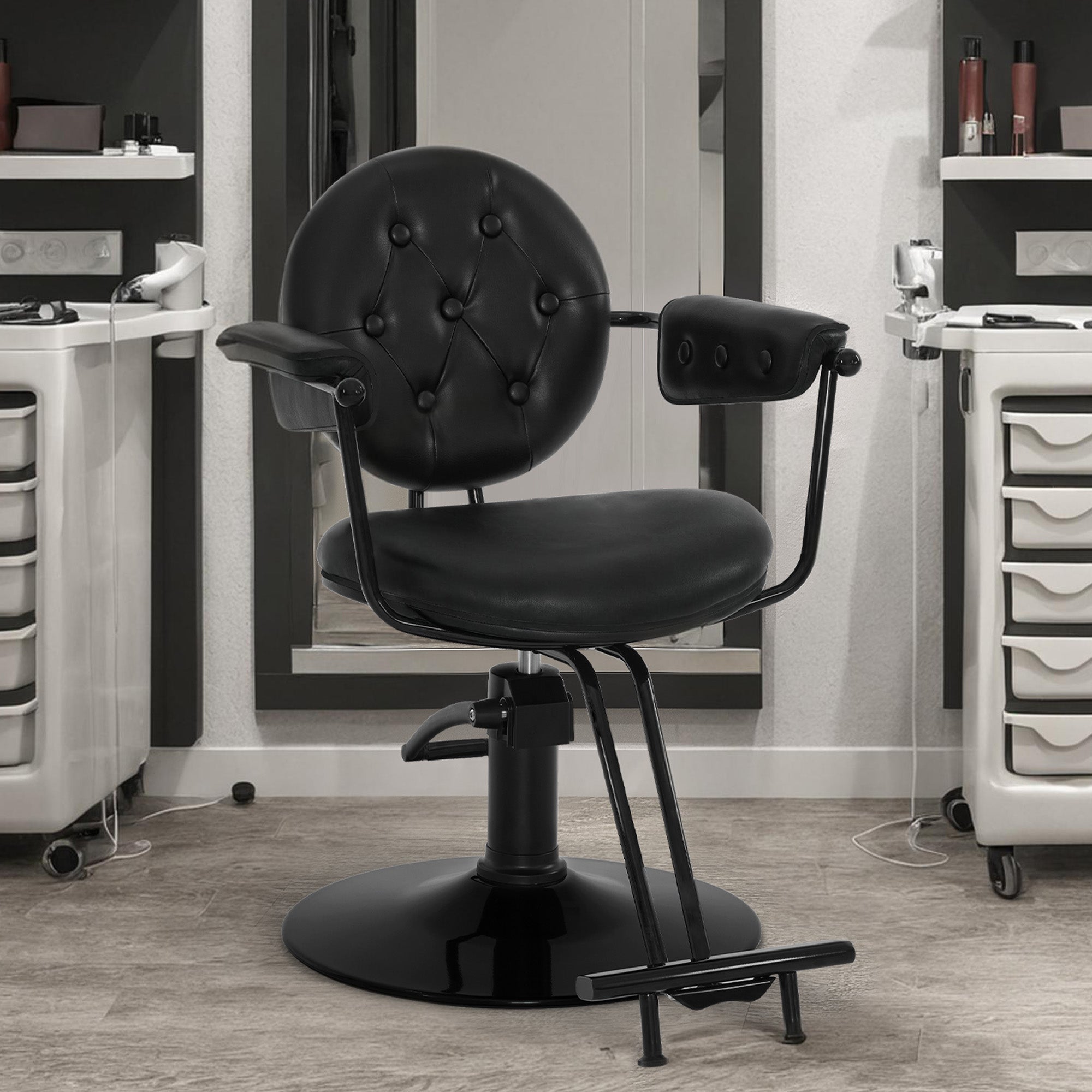 BarberPub Friseurstuhl mit Hydraulikpumpe 360° Drehbar, Friseureinrichtung Barber Chair Höhenverstellbar, Barber Stuhl Friseursessel PVC Kunstleder Vintage, 3159 (Schwarz)