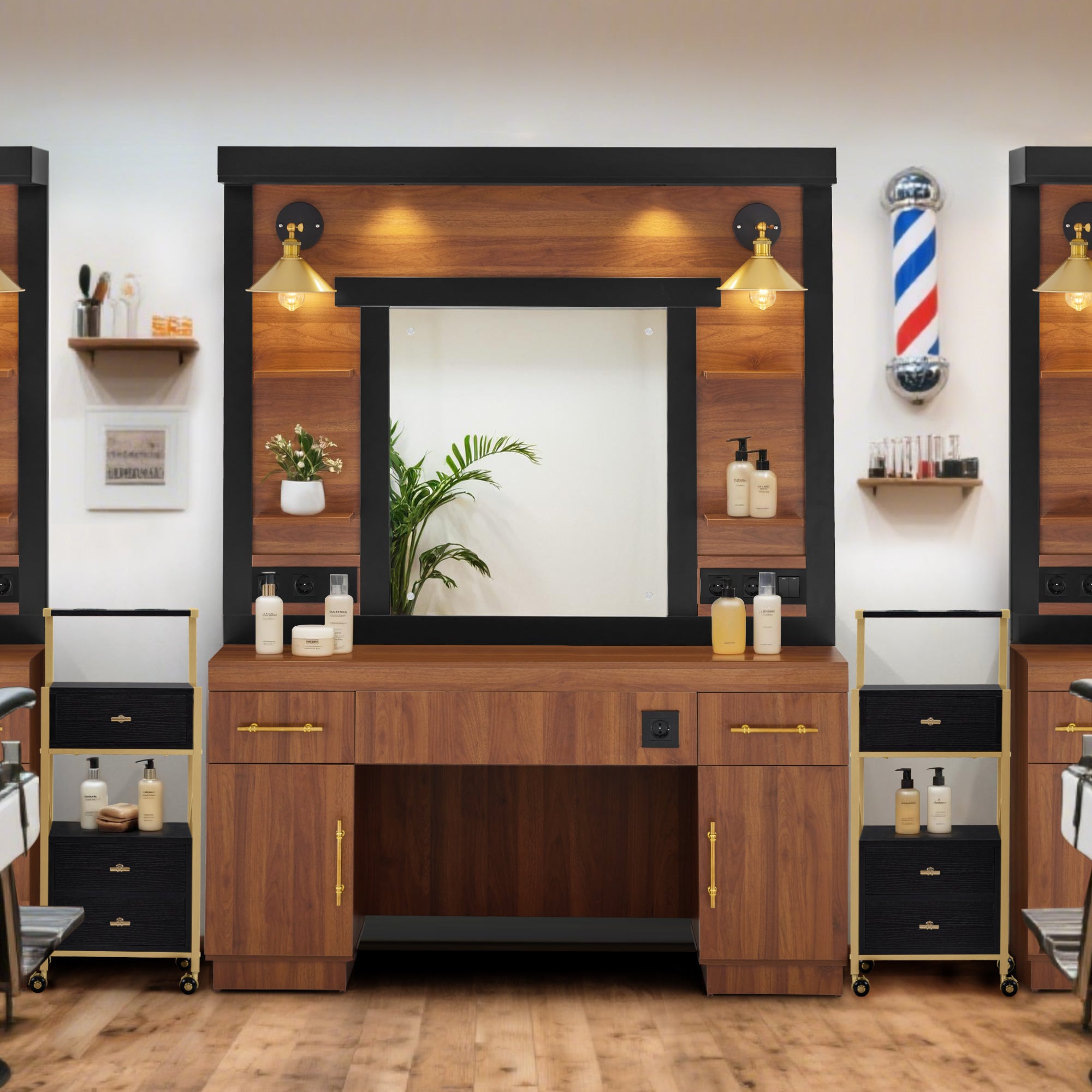 BarberPub Friseurplatz mit 2 Schubladen, Schminktisch mit Spiegel, Bedienungsplatz mit 4 Ablagen & 2 Schränken, Spiegelschrank aus Holz, Spiegeltisch Modern, Friseureinrichtung, 3167 (Braun)
