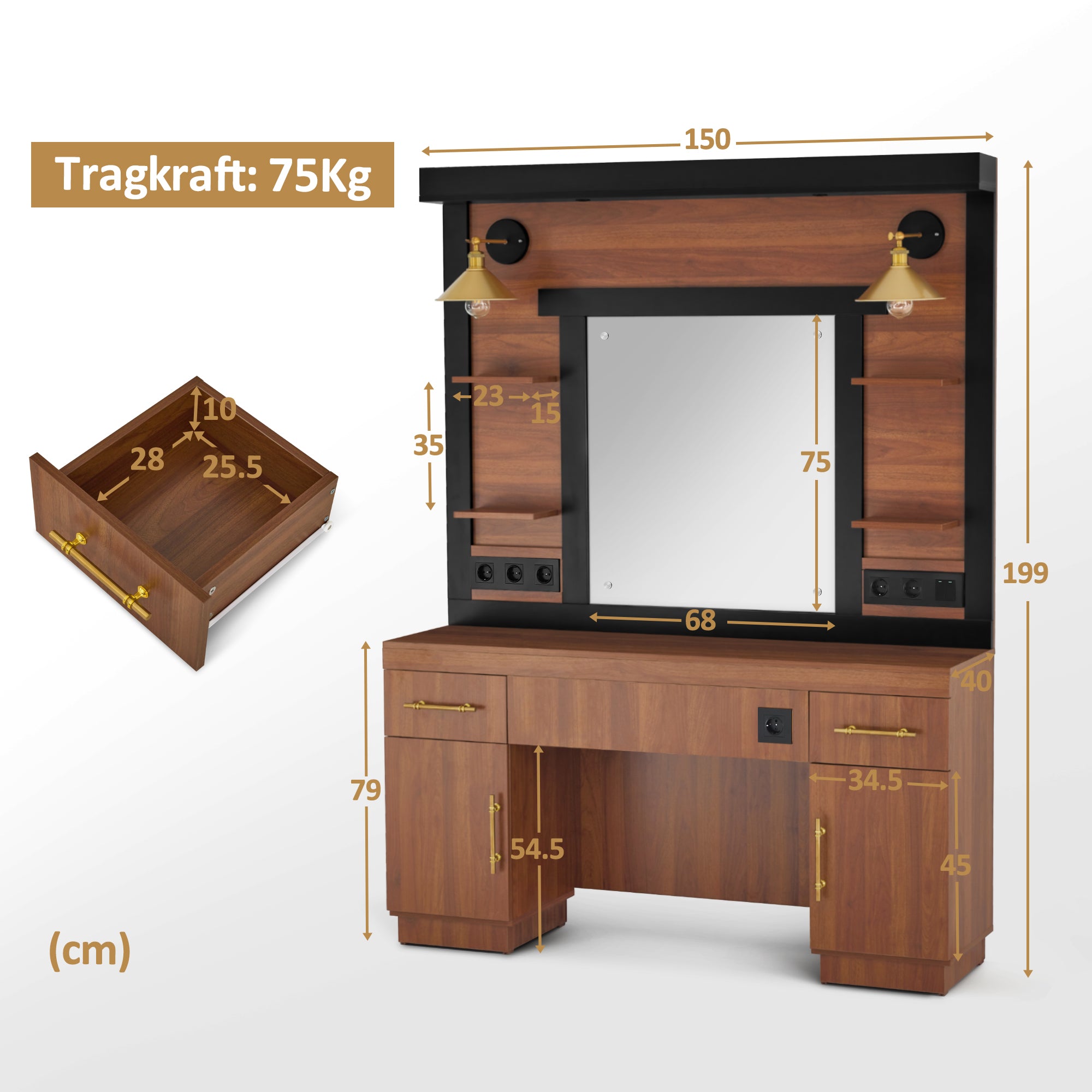 BarberPub Friseurplatz mit 2 Schubladen, Schminktisch mit Spiegel, Bedienungsplatz mit 4 Ablagen & 2 Schränken, Spiegelschrank aus Holz, Spiegeltisch Modern, Friseureinrichtung, 3167 (Braun)