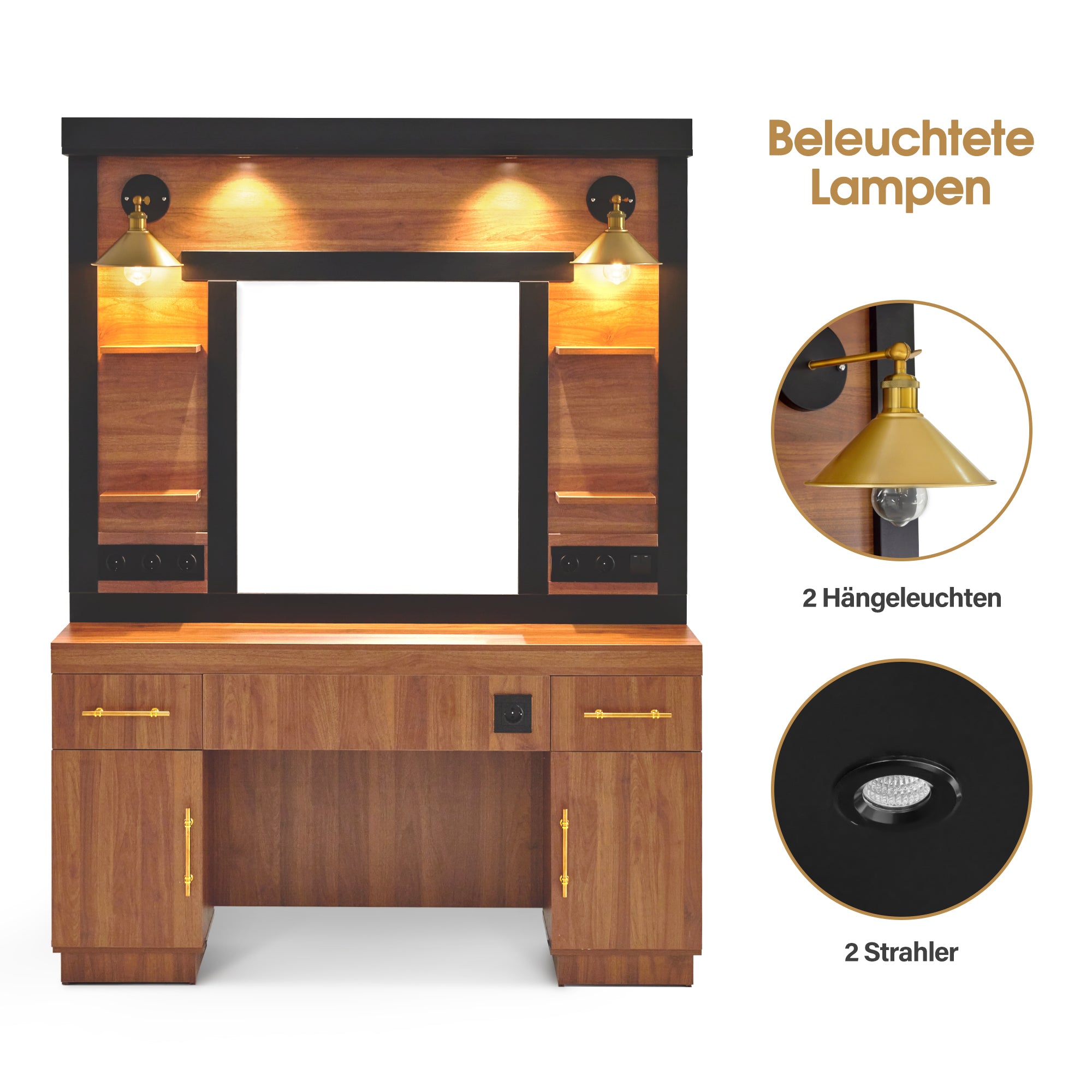 BarberPub Friseurplatz mit 2 Schubladen, Schminktisch mit Spiegel, Bedienungsplatz mit 4 Ablagen & 2 Schränken, Spiegelschrank aus Holz, Spiegeltisch Modern, Friseureinrichtung, 3167 (Braun)