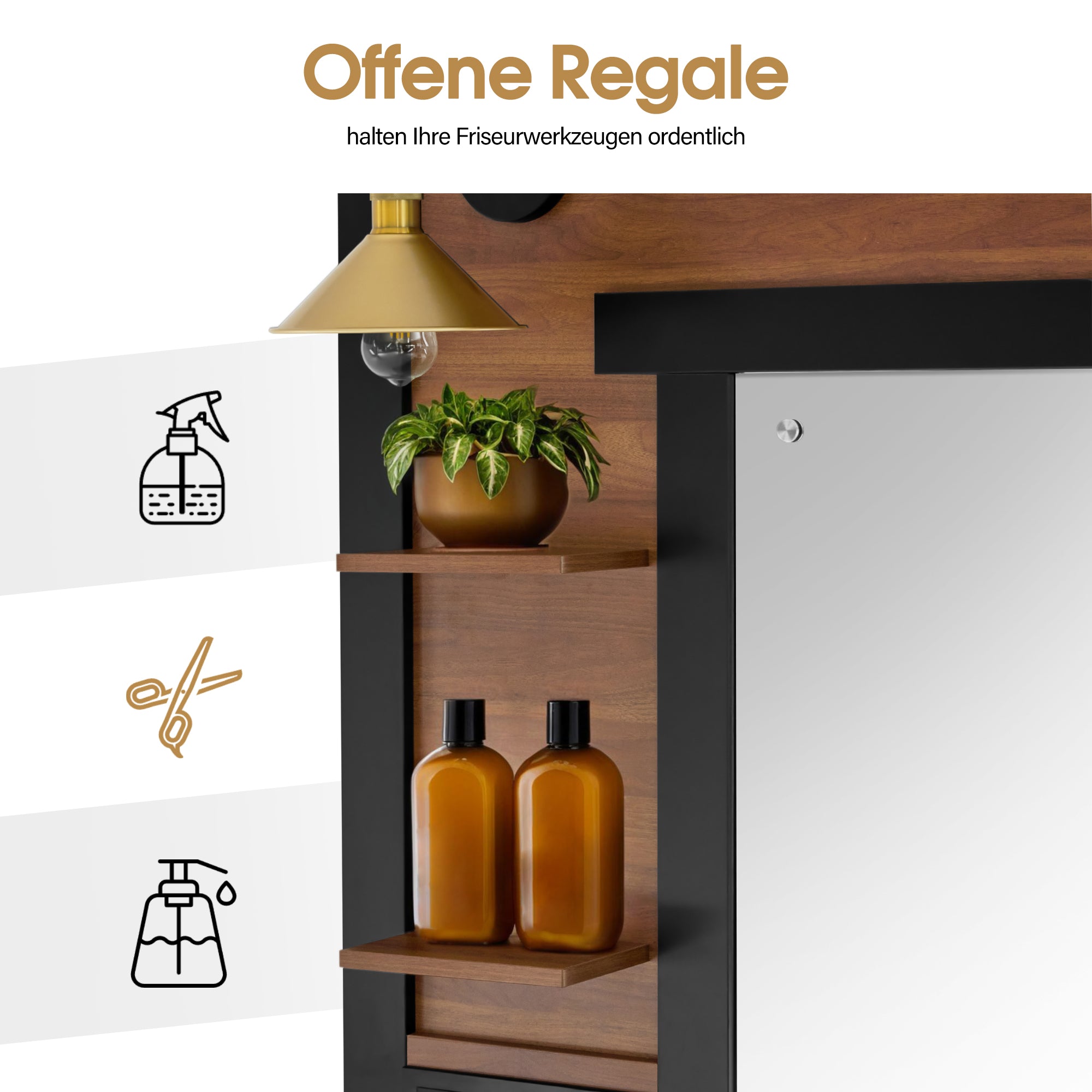 BarberPub Friseurplatz mit 2 Schubladen, Schminktisch mit Spiegel, Bedienungsplatz mit 4 Ablagen & 2 Schränken, Spiegelschrank aus Holz, Spiegeltisch Modern, Friseureinrichtung, 3167 (Braun)