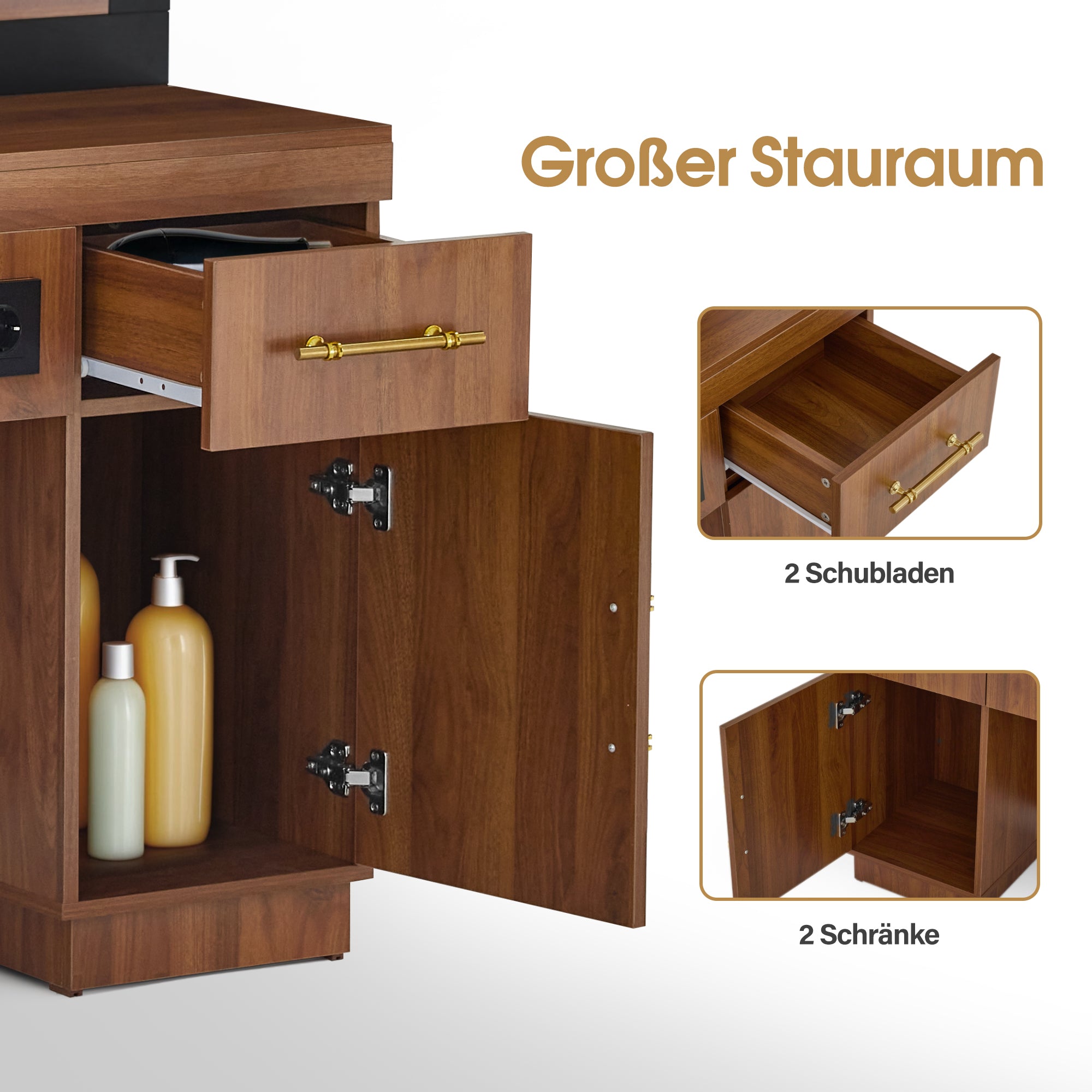 BarberPub Friseurplatz mit 2 Schubladen, Schminktisch mit Spiegel, Bedienungsplatz mit 4 Ablagen & 2 Schränken, Spiegelschrank aus Holz, Spiegeltisch Modern, Friseureinrichtung, 3167 (Braun)