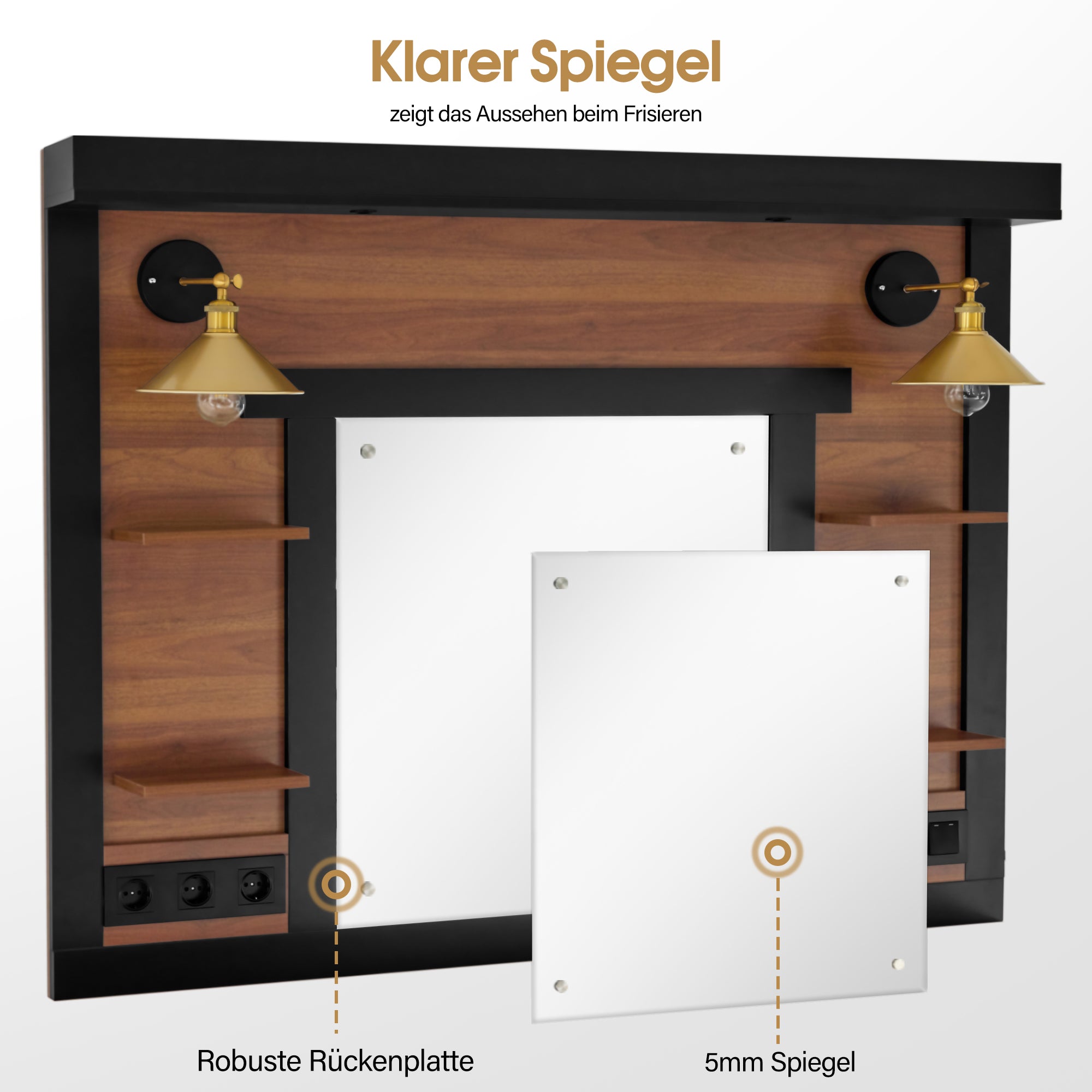 BarberPub Friseurplatz mit 2 Schubladen, Schminktisch mit Spiegel, Bedienungsplatz mit 4 Ablagen & 2 Schränken, Spiegelschrank aus Holz, Spiegeltisch Modern, Friseureinrichtung, 3167 (Braun)