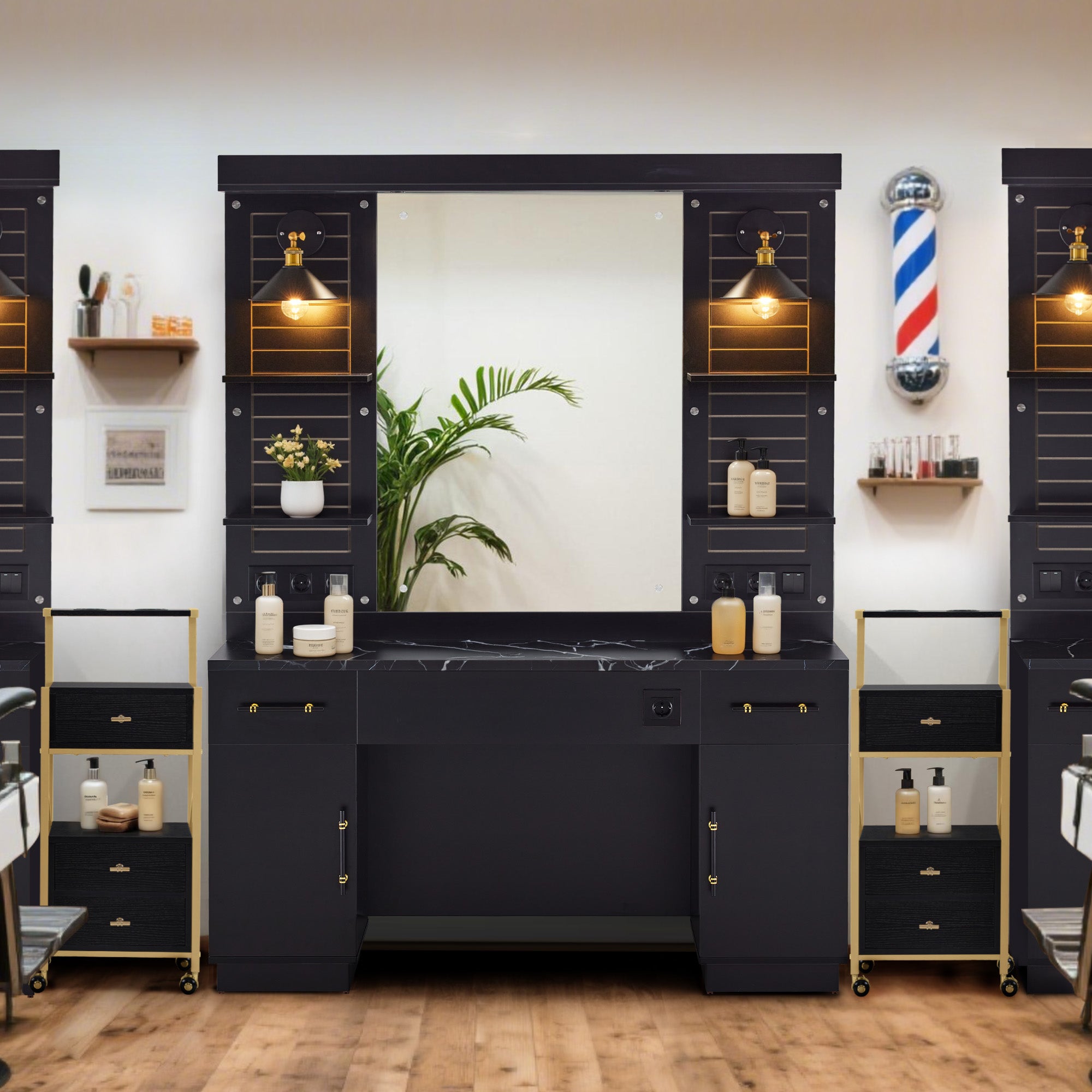 BarberPub Friseurplatz mit 2 Schubladen, Schminktisch mit Spiegel, Bedienungsplatz mit 4 Ablagen & 2 Schränken, Spiegelschrank aus Holz, Spiegeltisch Modern, Friseureinrichtung, 3169 (Schwarz)