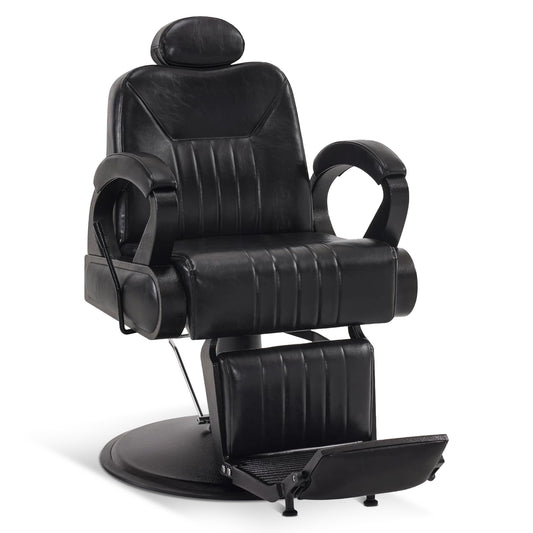 BarberPub Friseurstuhl mit Kopfstütze Kippbar, Friseureinrichtung mit Hydraulikpumpe 360° Drehbar, Bedienungsstuhl Friseurstühle Höhenverstellbar, Barber Stuhl Kunstleder 3851 (Schwarz)
