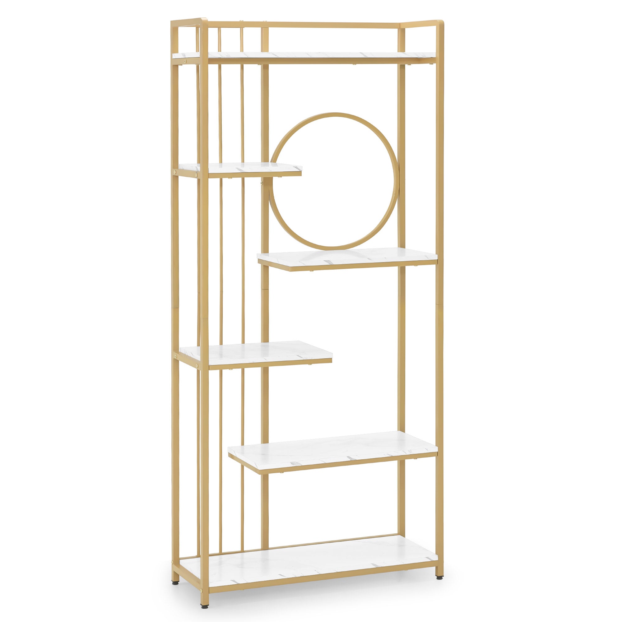 BarberPub Bücherregal, Standregal mit 6 Ebenen, Büroregal mit Metallrahmen, Regal für Büro, Wohnzimmer, Schlafzimmer, Küche, Nagelstudio, Marmor-Weiß Gold, 30x80x180cm, 5180