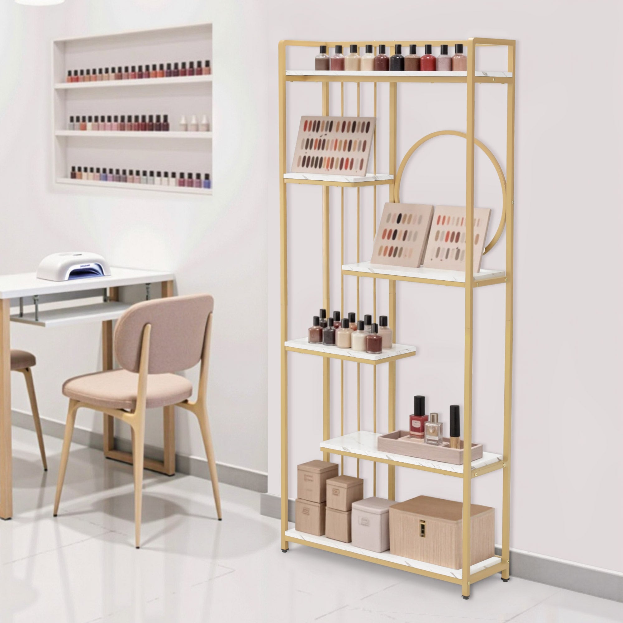 BarberPub Bücherregal, Standregal mit 6 Ebenen, Büroregal mit Metallrahmen, Regal für Büro, Wohnzimmer, Schlafzimmer, Küche, Nagelstudio, Marmor-Weiß Gold, 30x80x180cm, 5180