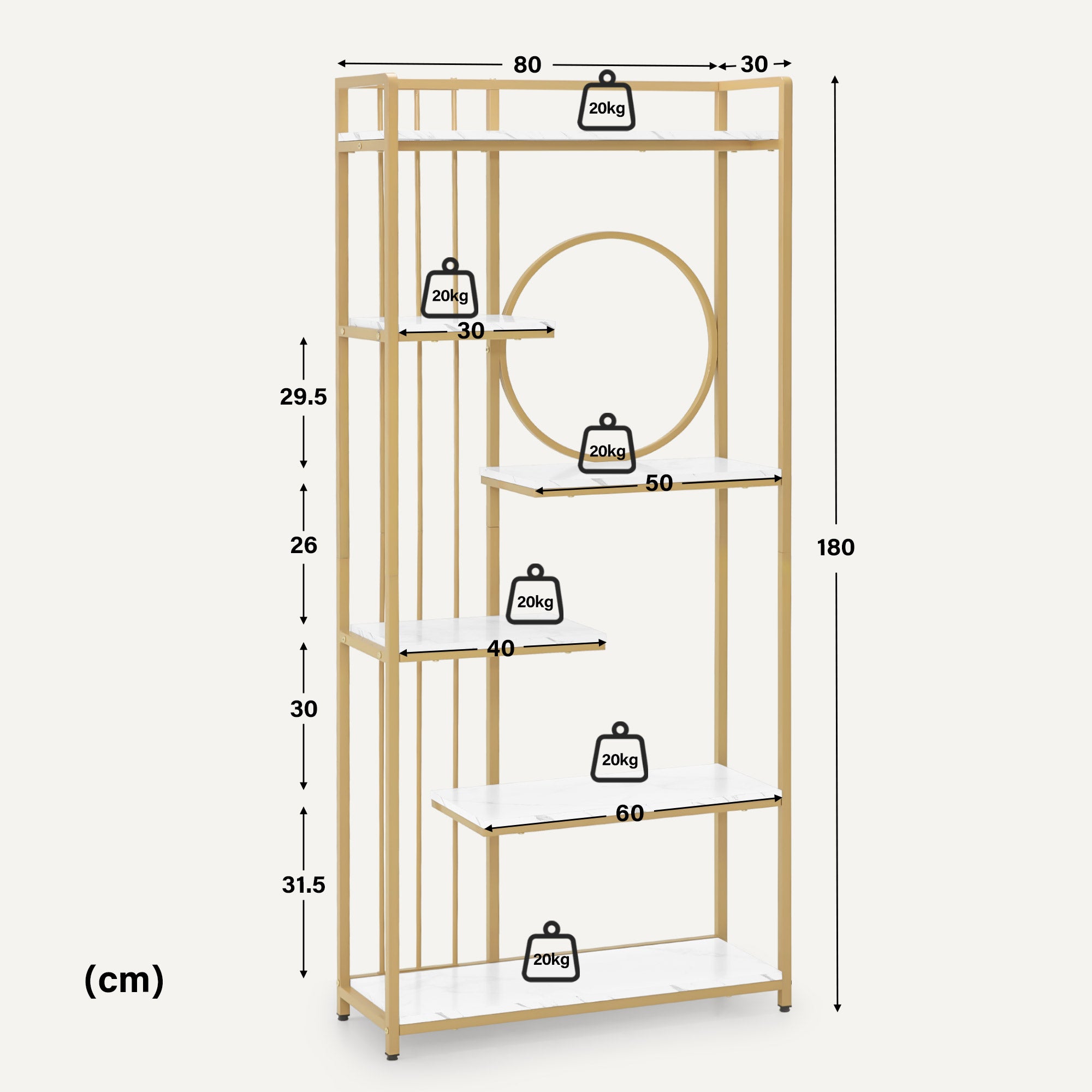 BarberPub Bücherregal, Standregal mit 6 Ebenen, Büroregal mit Metallrahmen, Regal für Büro, Wohnzimmer, Schlafzimmer, Küche, Nagelstudio, Marmor-Weiß Gold, 30x80x180cm, 5180