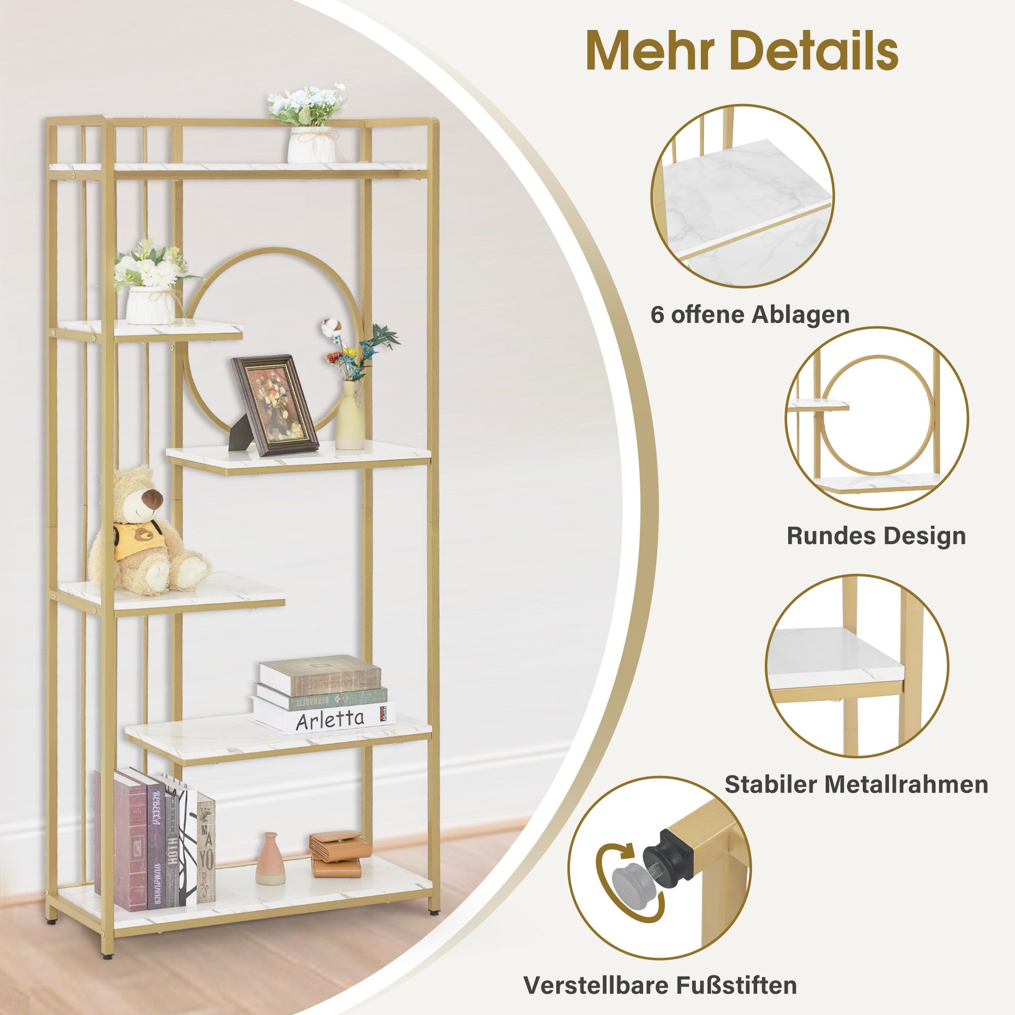 BarberPub Bücherregal, Standregal mit 6 Ebenen, Büroregal mit Metallrahmen, Regal für Büro, Wohnzimmer, Schlafzimmer, Küche, Nagelstudio, Marmor-Weiß Gold, 30x80x180cm, 5180