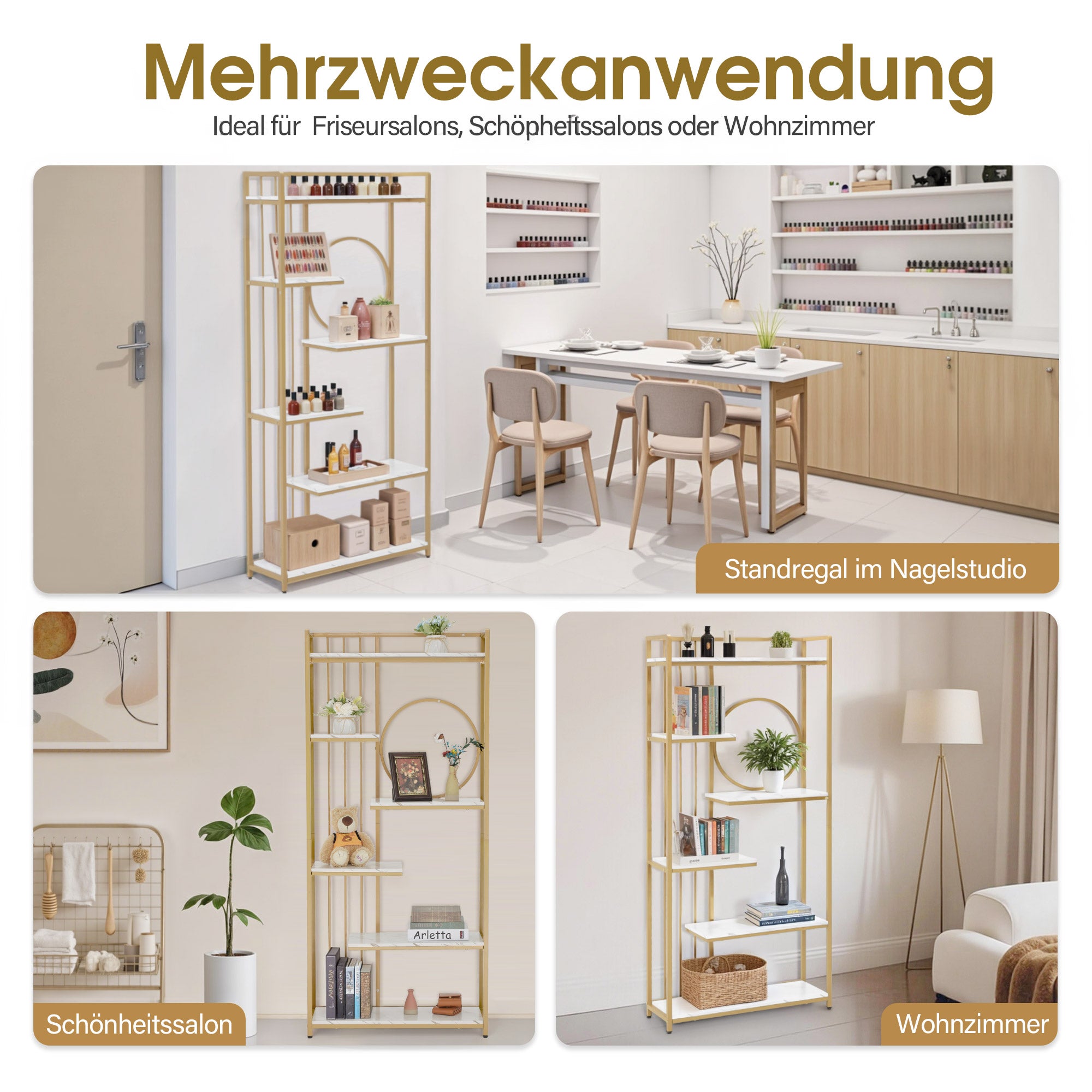 BarberPub Bücherregal, Standregal mit 6 Ebenen, Büroregal mit Metallrahmen, Regal für Büro, Wohnzimmer, Schlafzimmer, Küche, Nagelstudio, Marmor-Weiß Gold, 30x80x180cm, 5180