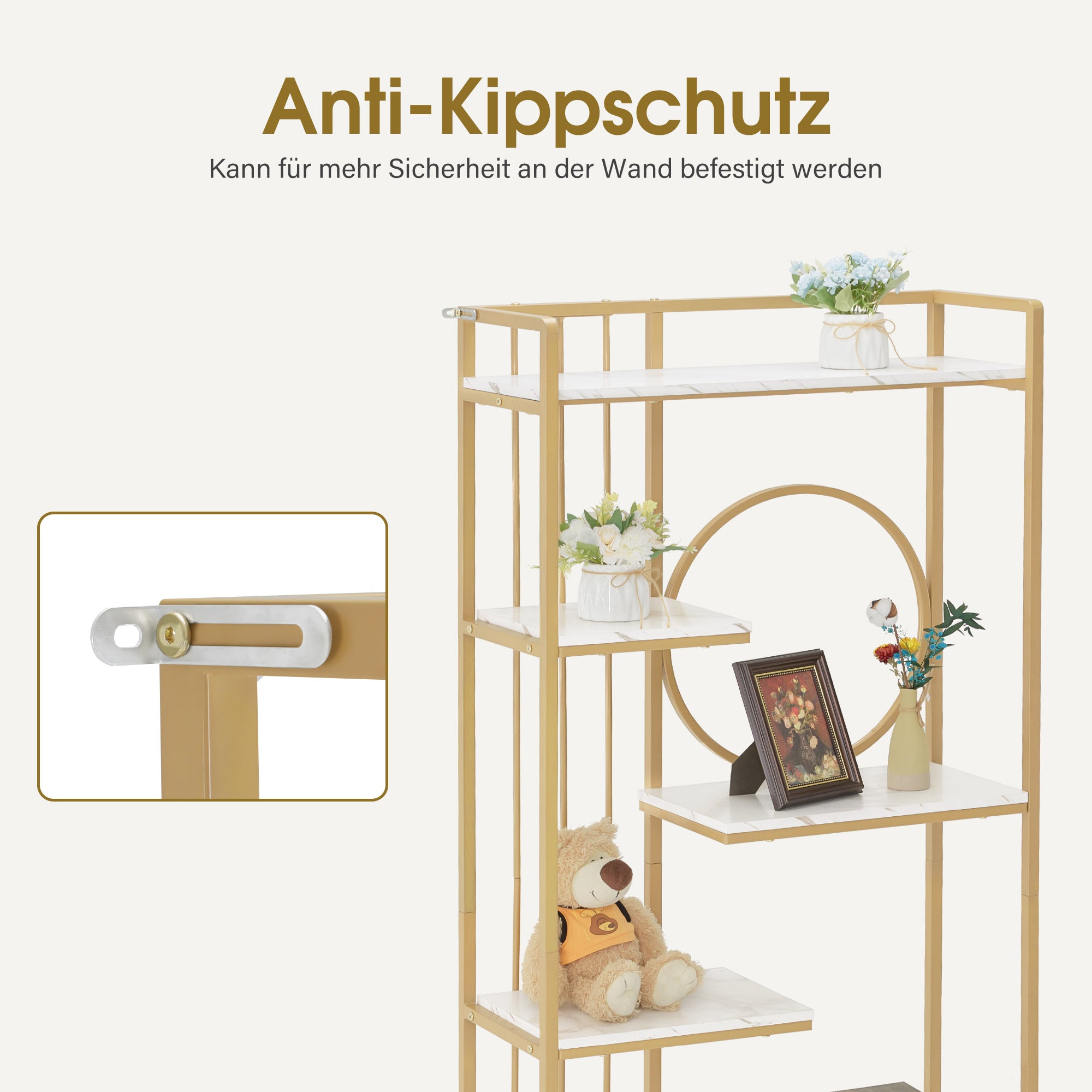 BarberPub Bücherregal, Standregal mit 6 Ebenen, Büroregal mit Metallrahmen, Regal für Büro, Wohnzimmer, Schlafzimmer, Küche, Nagelstudio, Marmor-Weiß Gold, 30x80x180cm, 5180